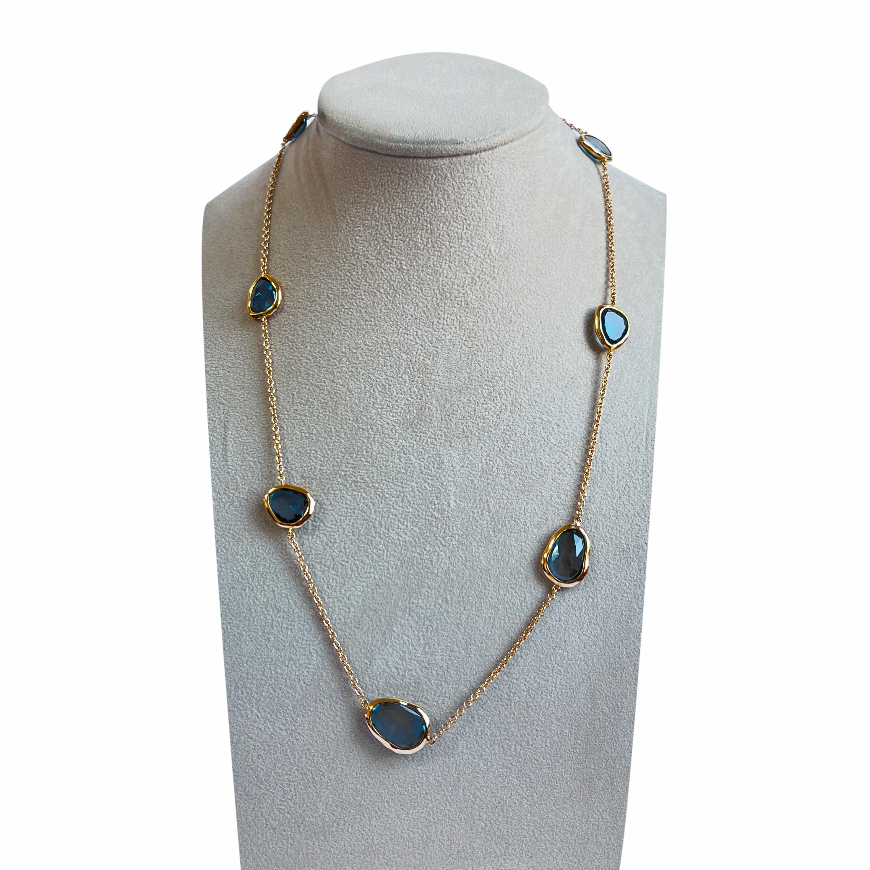 Modern 18kt Pink Gold Necklace chanel style chain with Blue Topaze Gems For Sale
