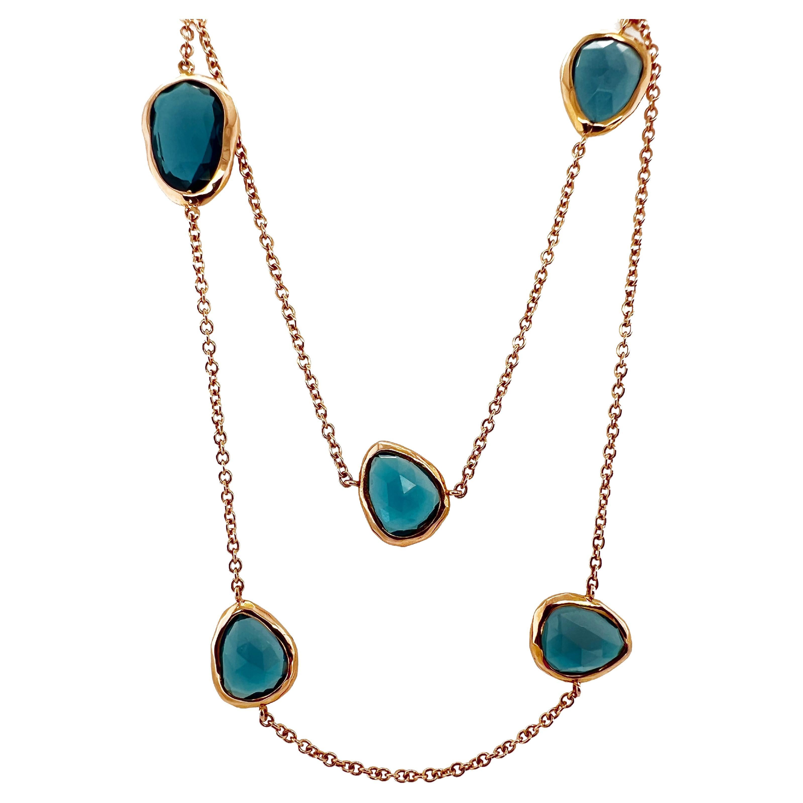 18kt Pink Gold Necklace chanel style chain with Blue Topaze Gems For Sale