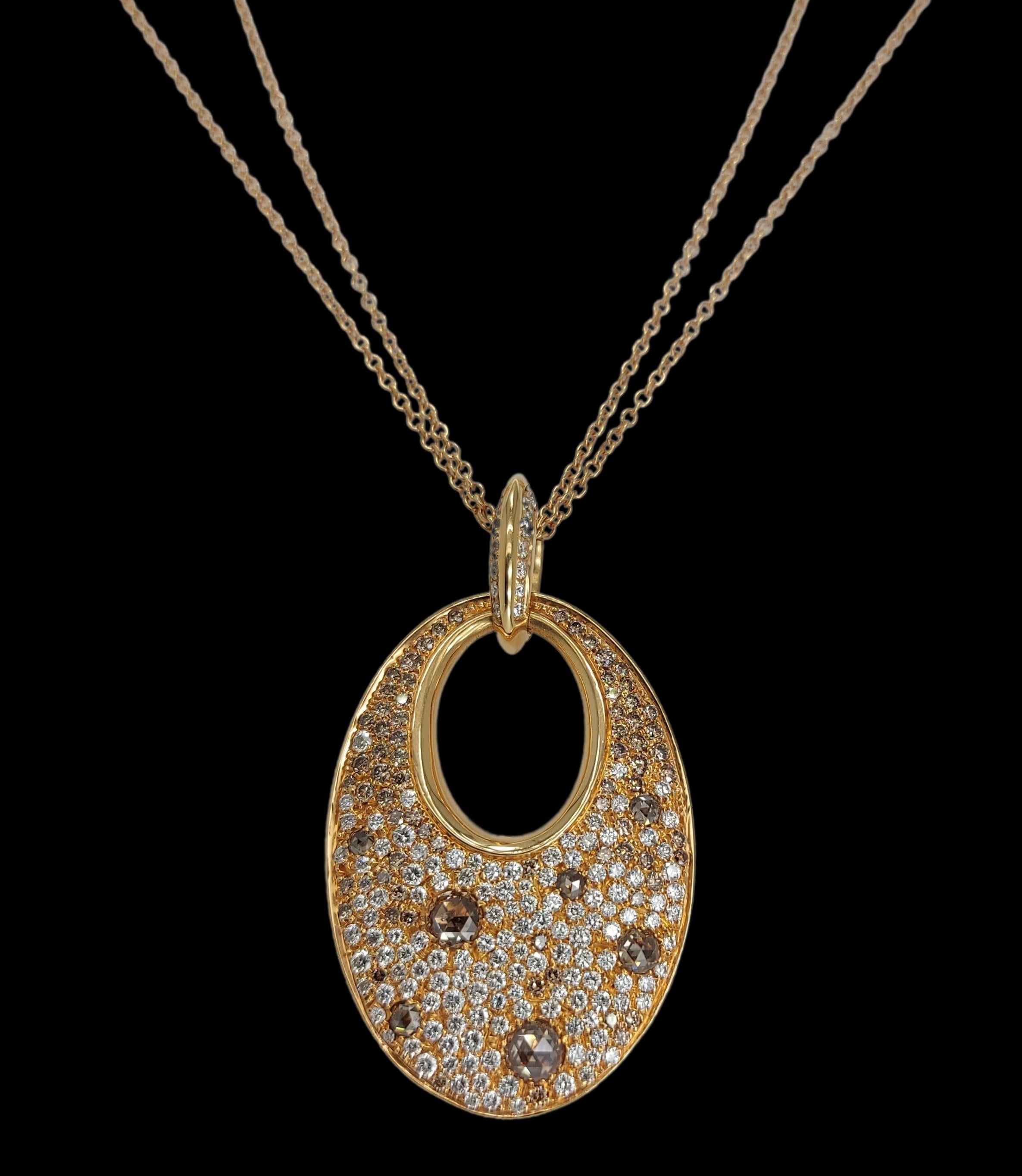 18Kt Pink Gold Necklace, Pendant Set with White, Cognac Diamonds 3.29 Carat For Sale 4