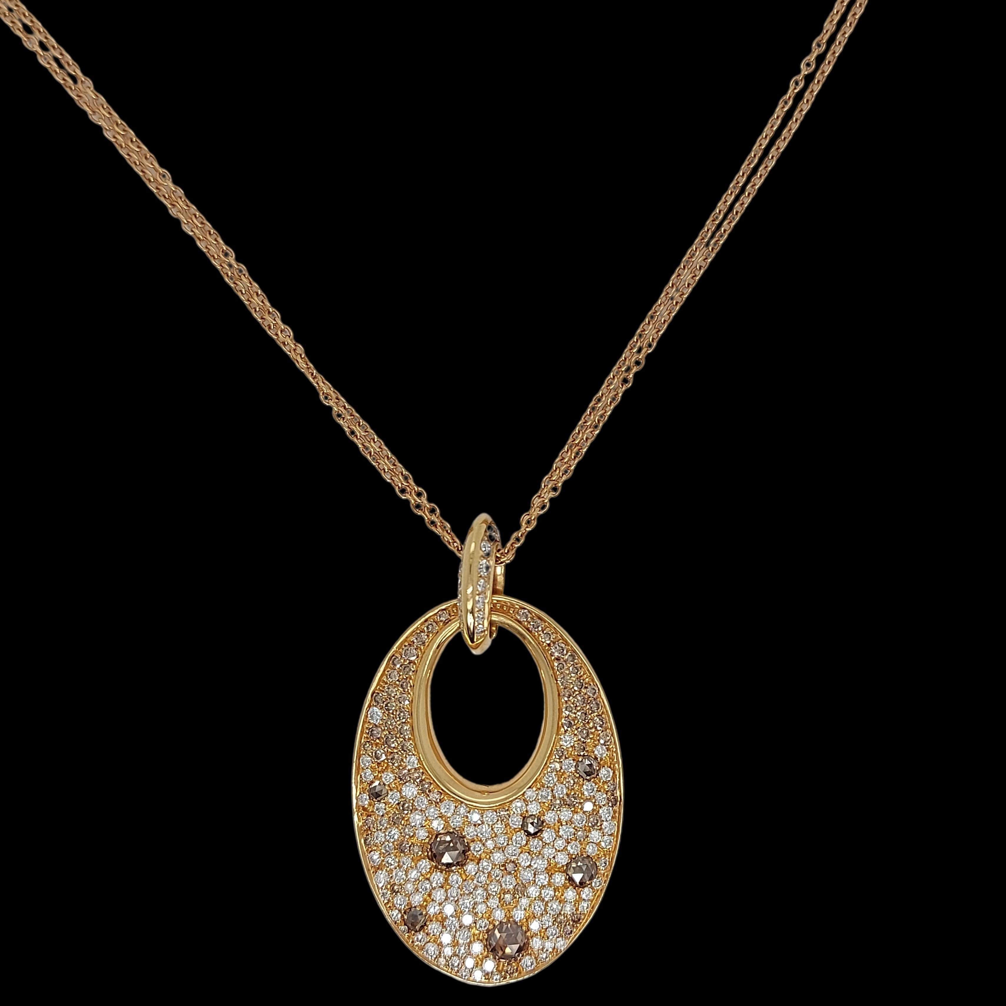 18Kt Pink Gold Necklace, Pendant Set with White, Cognac Diamonds 3.29 Carat For Sale 11