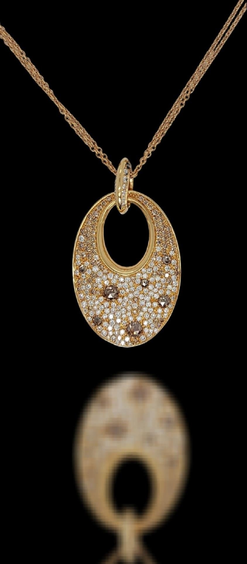 18Kt Pink Gold Necklace, Pendant Set with White, Cognac Diamonds 3.29 Carat For Sale 12