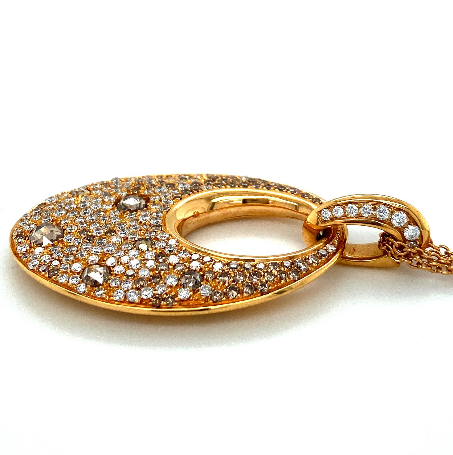 Artisan 18Kt Pink Gold Necklace, Pendant Set with White, Cognac Diamonds 3.29 Carat For Sale