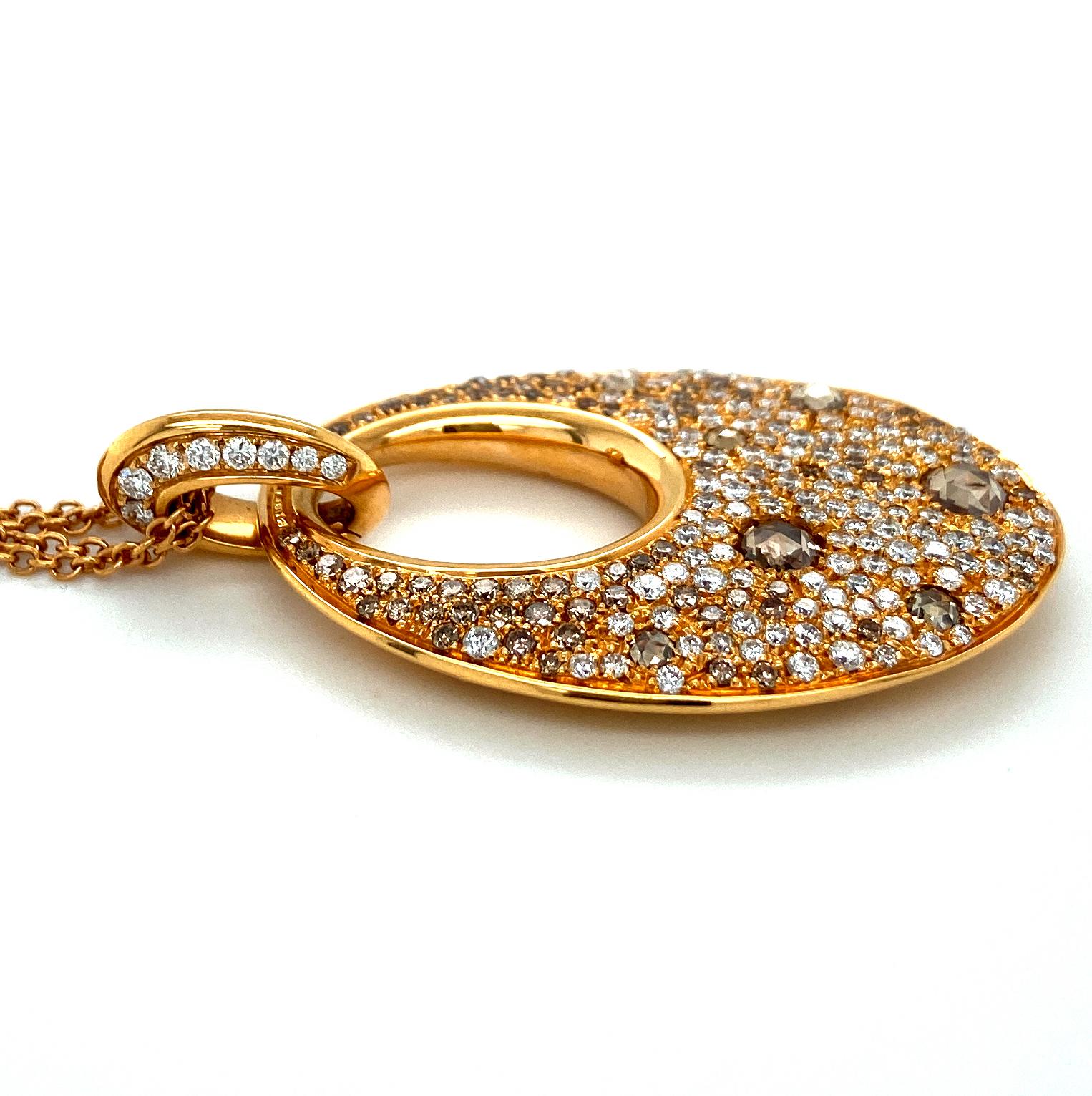 Brilliant Cut 18Kt Pink Gold Necklace, Pendant Set with White, Cognac Diamonds 3.29 Carat For Sale