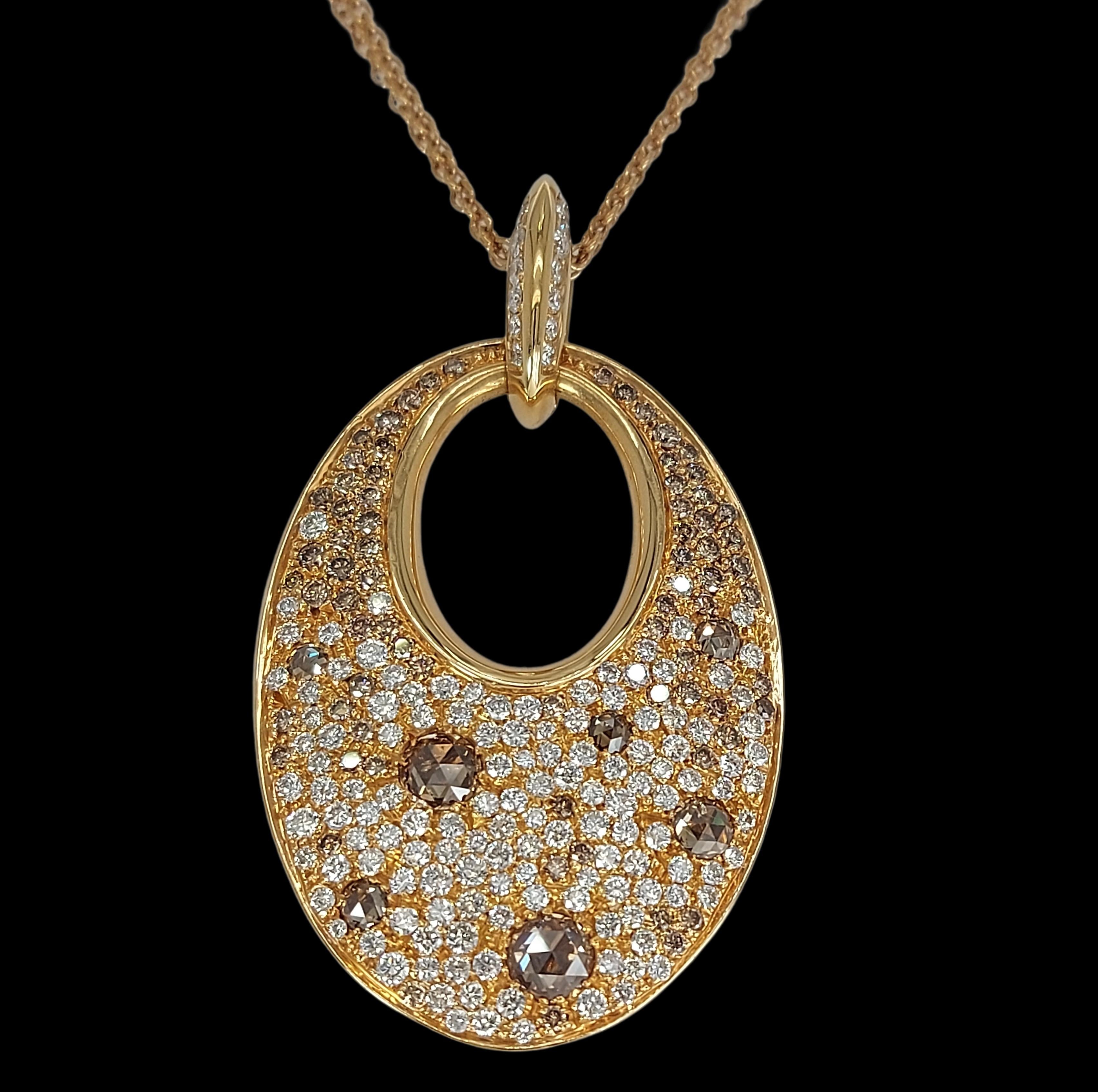 18Kt Pink Gold Necklace, Pendant Set with White, Cognac Diamonds 3.29 Carat For Sale 1