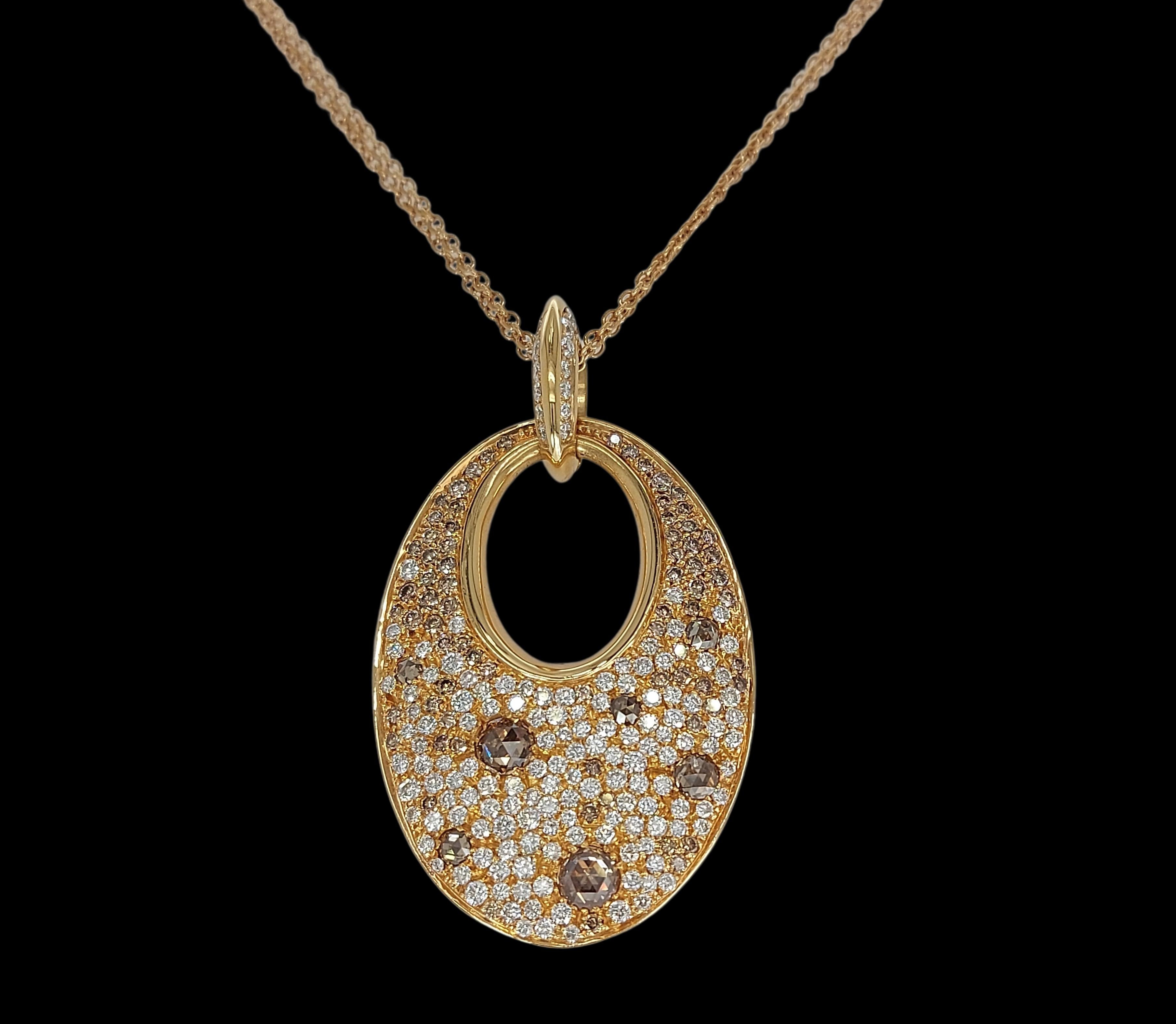 18Kt Pink Gold Necklace, Pendant Set with White, Cognac Diamonds 3.29 Carat For Sale 2