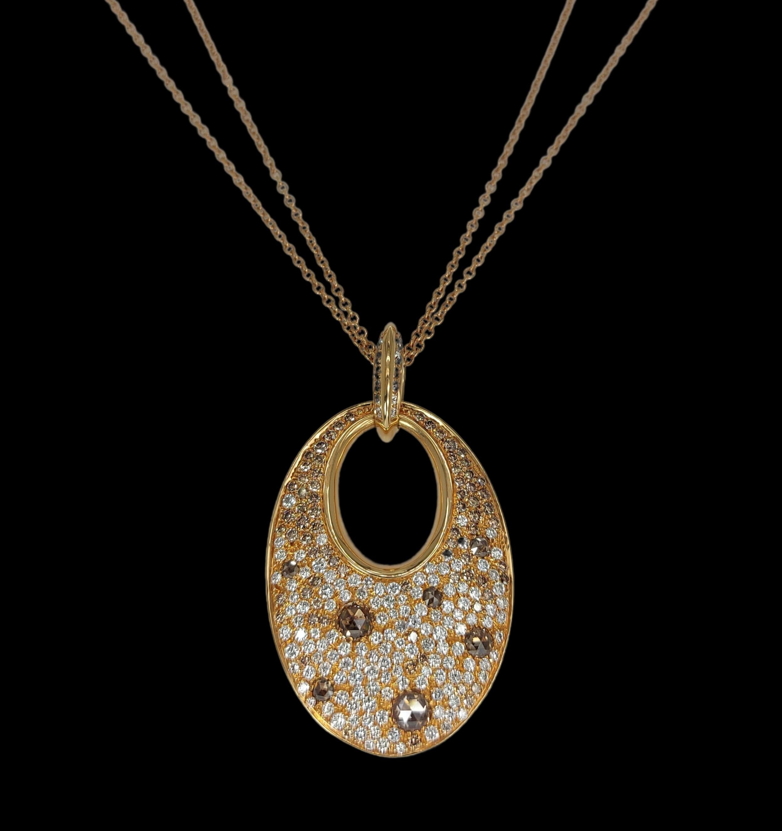 18Kt Pink Gold Necklace, Pendant Set with White, Cognac Diamonds 3.29 Carat For Sale 3
