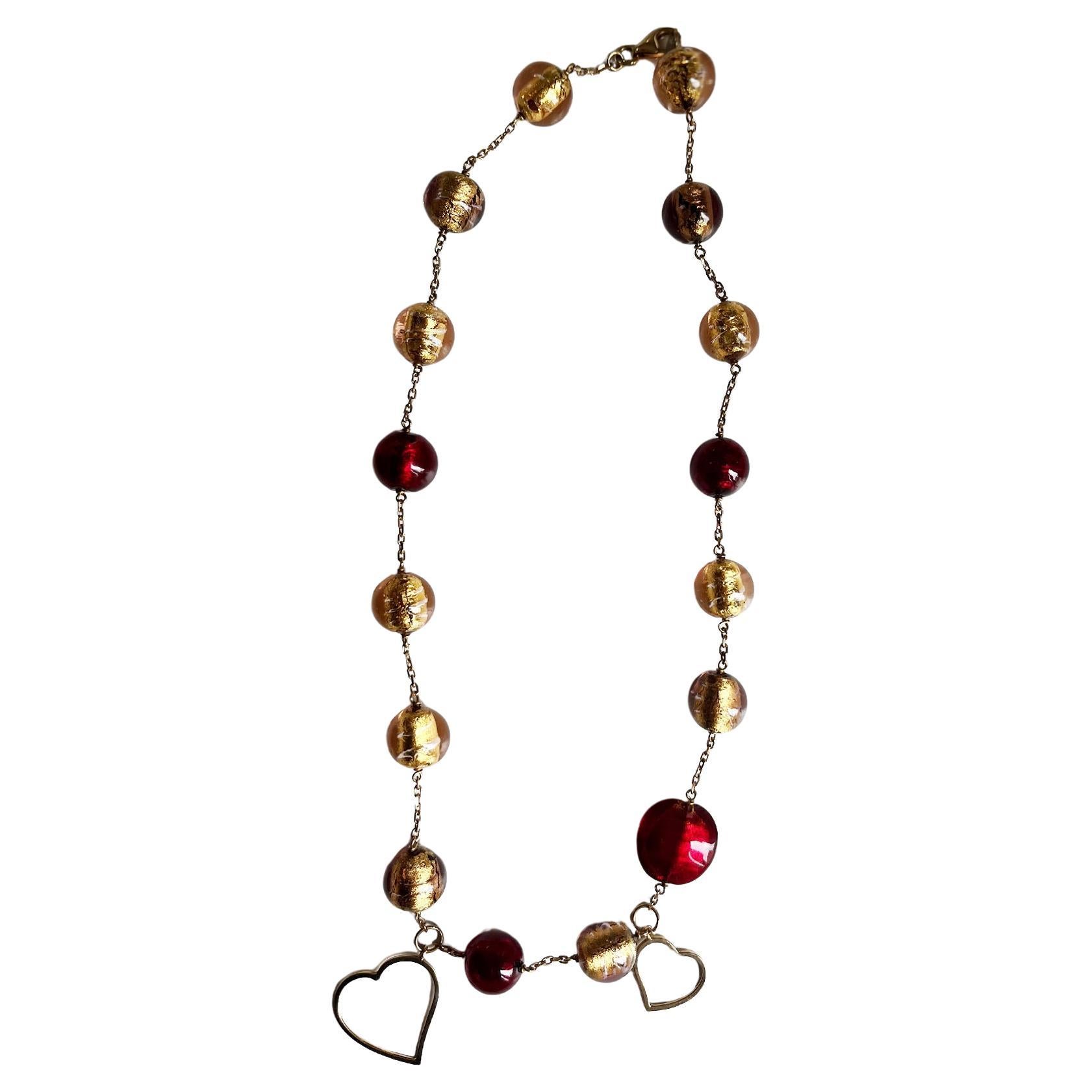 18KT pink gold necklace with Murano beads and heart pendants For Sale
