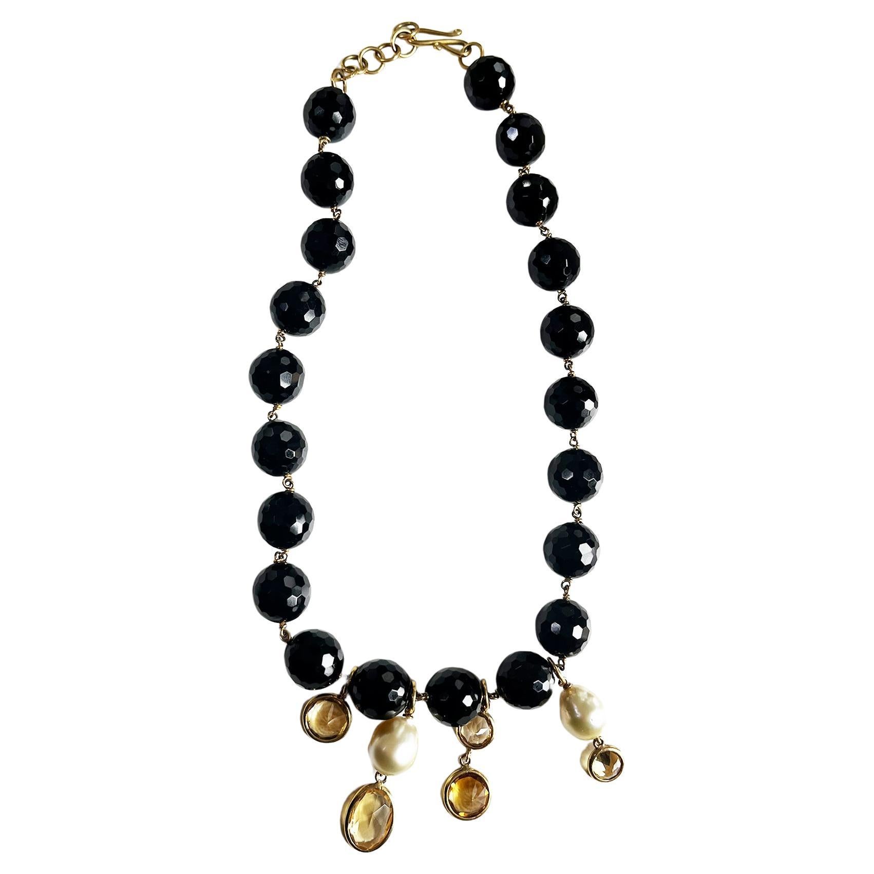 18KT pink gold necklace with Onyx beads, pearls and citrine quartzes