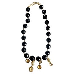 Collier en or rose 18 carats avec perles d'onyx, perles et quartzes de citrine