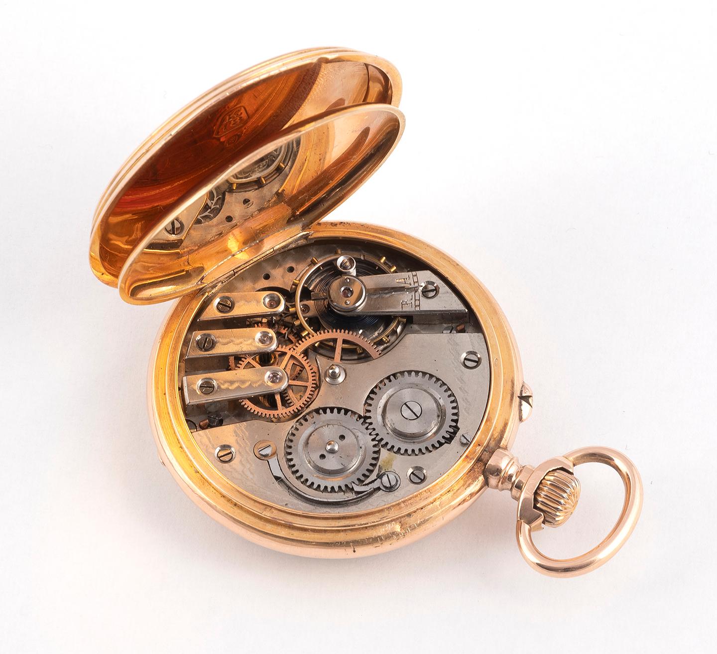 18K pink gold, open-face, keyless-winding, round-shaped, pocket watch, with subsidiary seconds at 6: half-instantaneous date of the month; day of the week, month of the year, phases of the moon.
Year Circa 1890's
Calibre  19’’’, lever