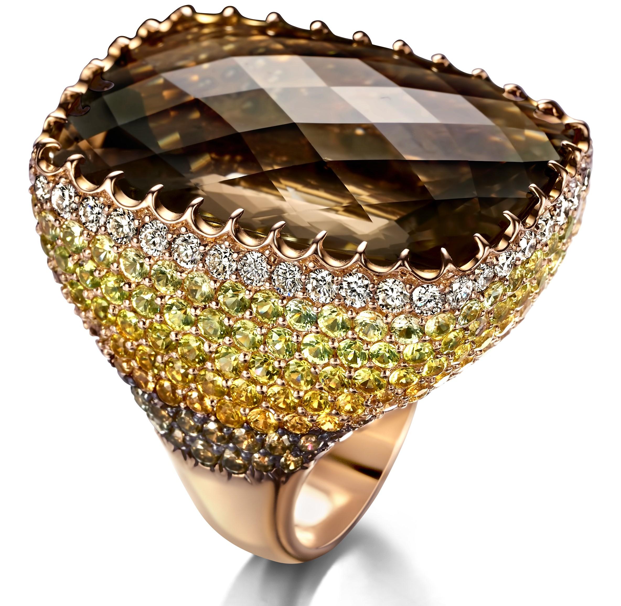 18kt Pink Gold Ring with a Large 36.5ct Topaz, 7.49ct Yellow Sapphires, Diamonds For Sale 1