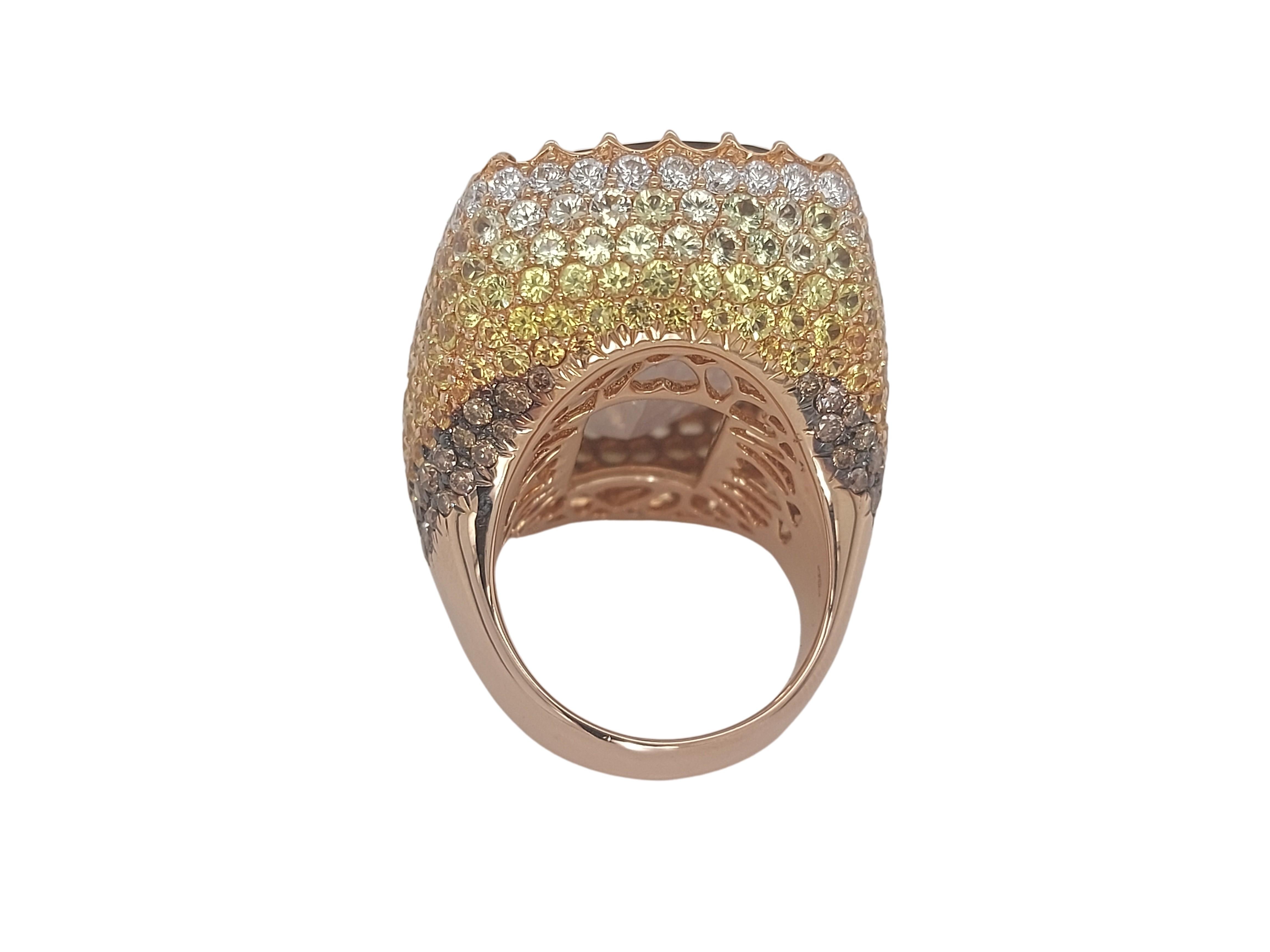 18kt Pink Gold Ring with a Large 36.5ct Topaz, 7.49ct Yellow Sapphires, Diamonds For Sale 2