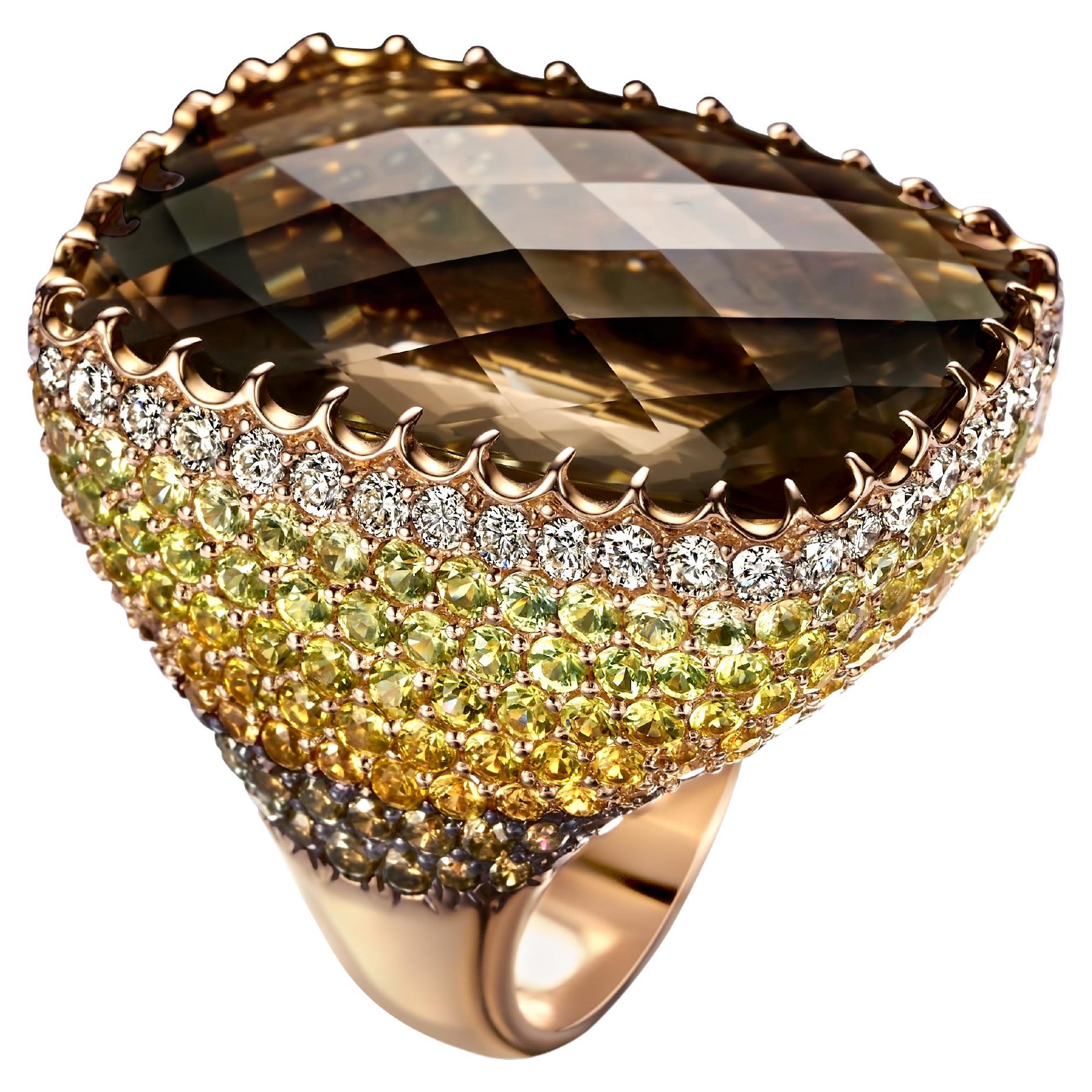 18kt Pink Gold Ring with a Large 36.5ct Topaz, 7.49ct Yellow Sapphires, Diamonds For Sale