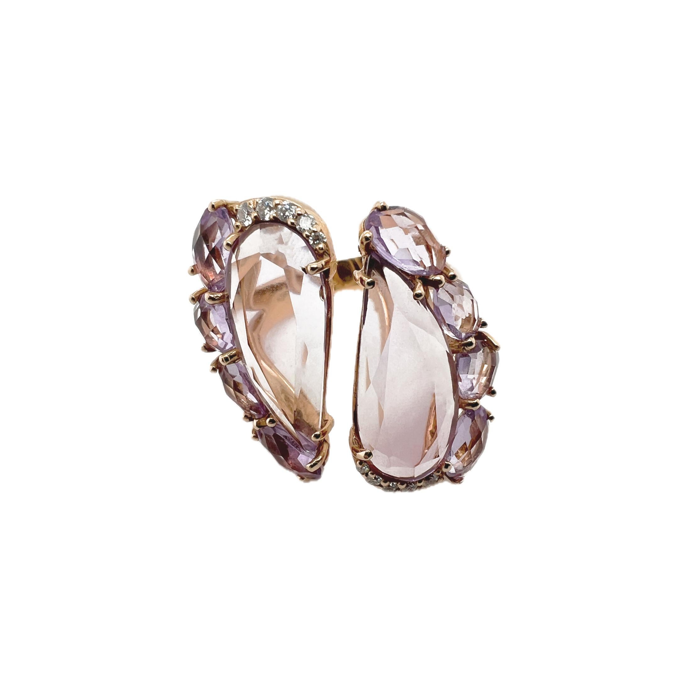 All of our jewellery is made by Italian Artisans to guarantee the Made In Italy manufacturing. 

The 18Kt pink gold ring with Amethyst faceted gems and Diamonds is a beautiful and unique piece of jewelry. PInk gold has a classic and warm look that