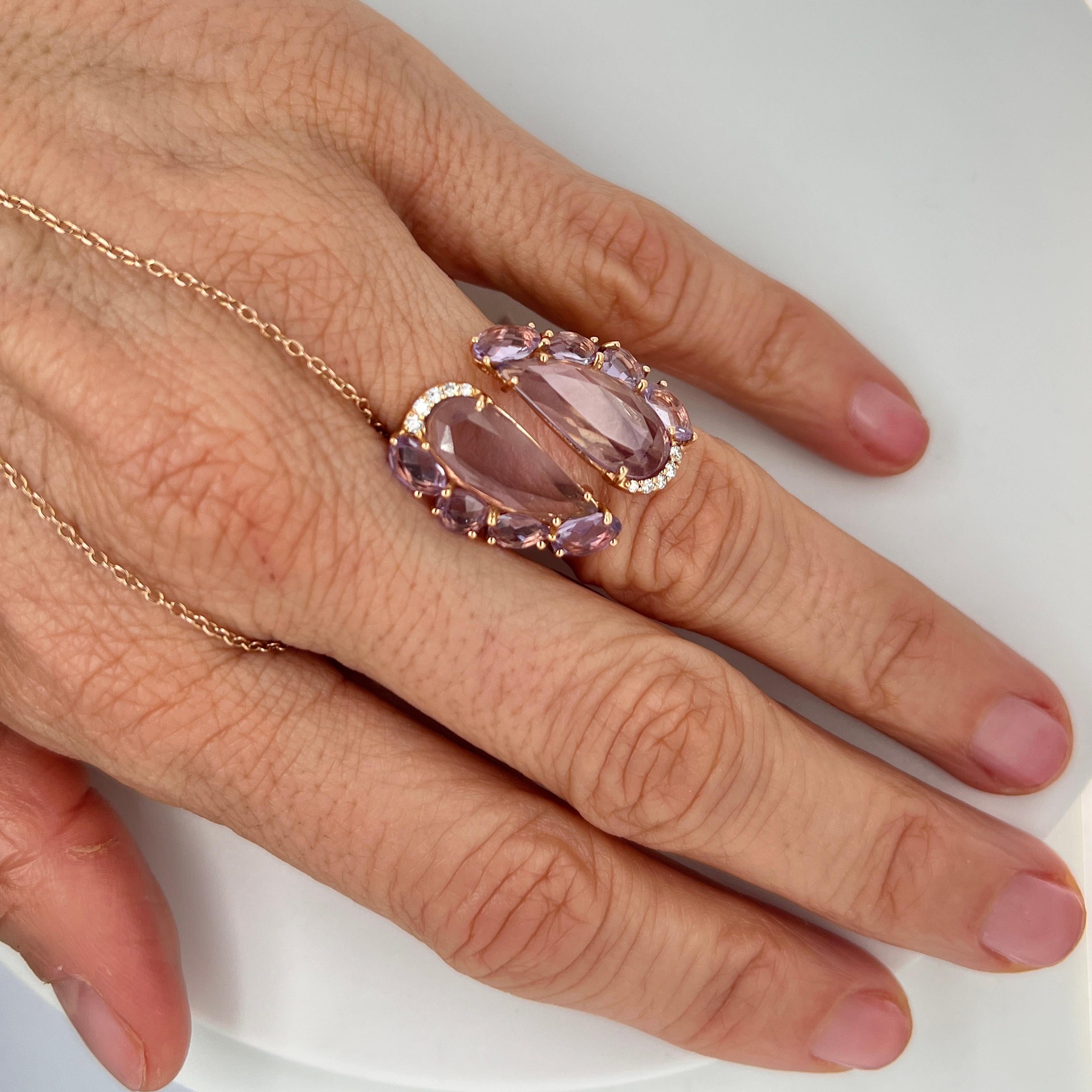Modern 18Kt Pink Gold Ring with Amethyst faceted gems and Diamonds For Sale