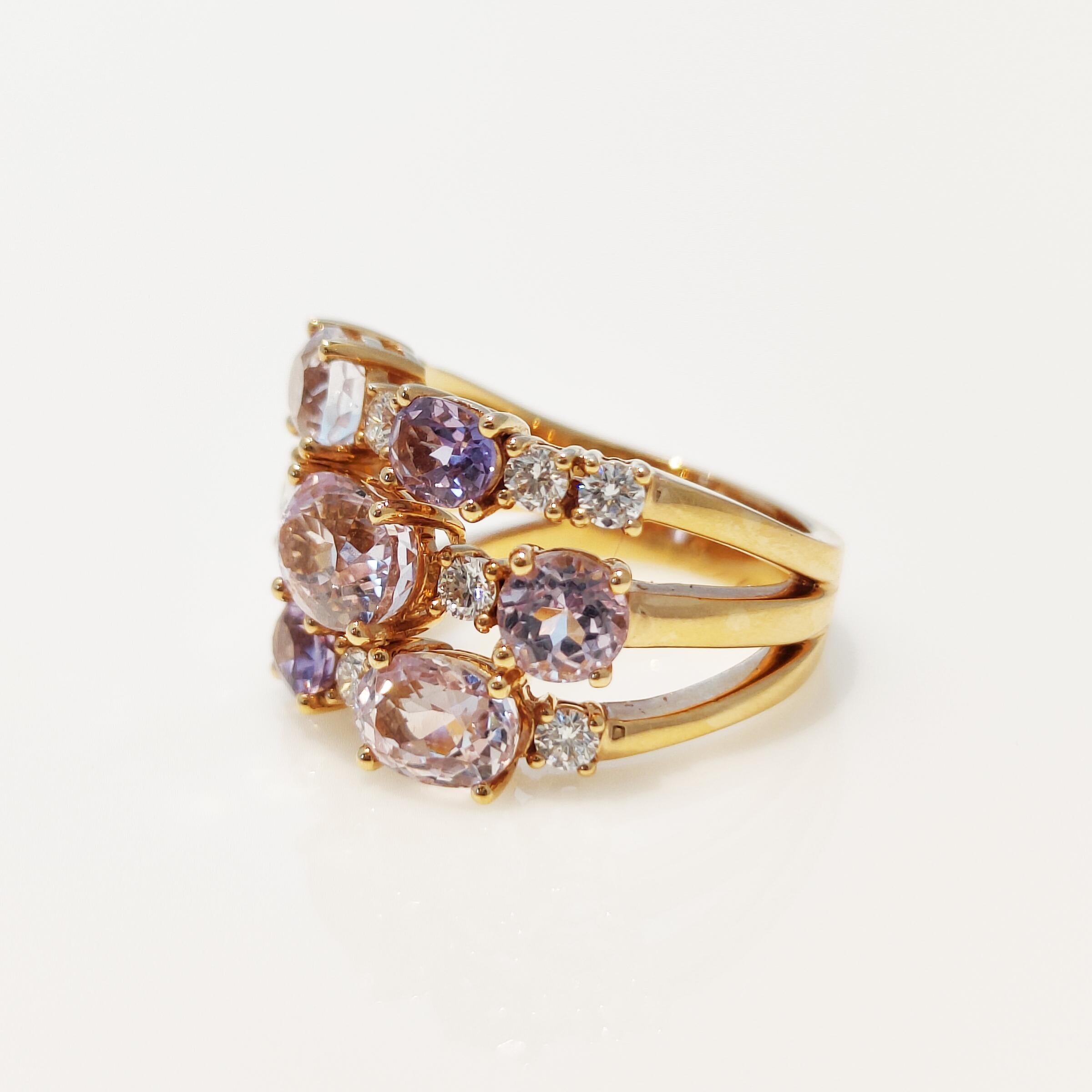 Women's or Men's 18 Karat Pink Gold Ring with Amethyst, Kunzite and Diamonds