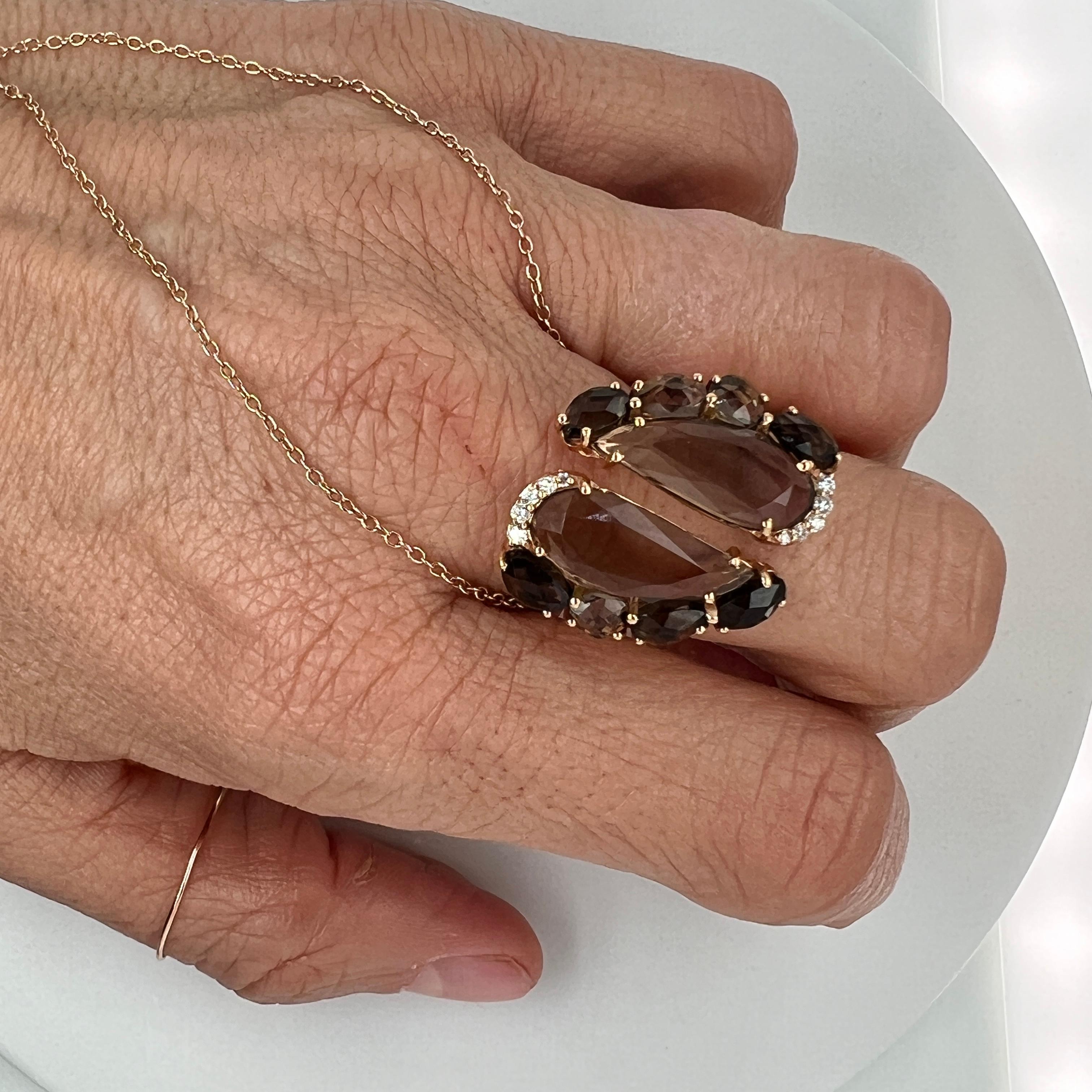 Uncut 18Kt Pink Gold Ring with Smoky Quartz faceted gems and Diamonds For Sale