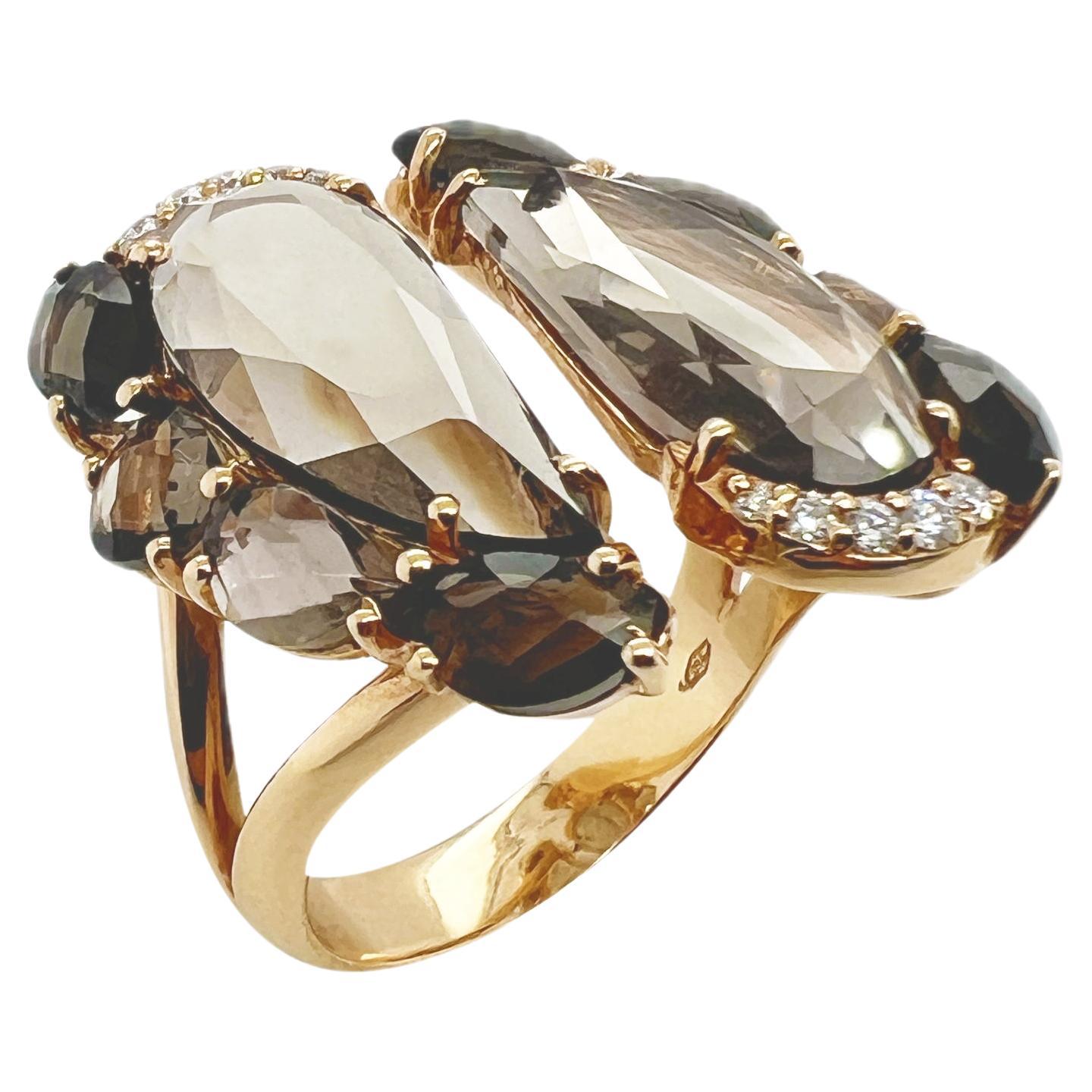 18 Karat Roségold Ring mit facettierten Edelsteinen und Diamanten aus Rauchquarz