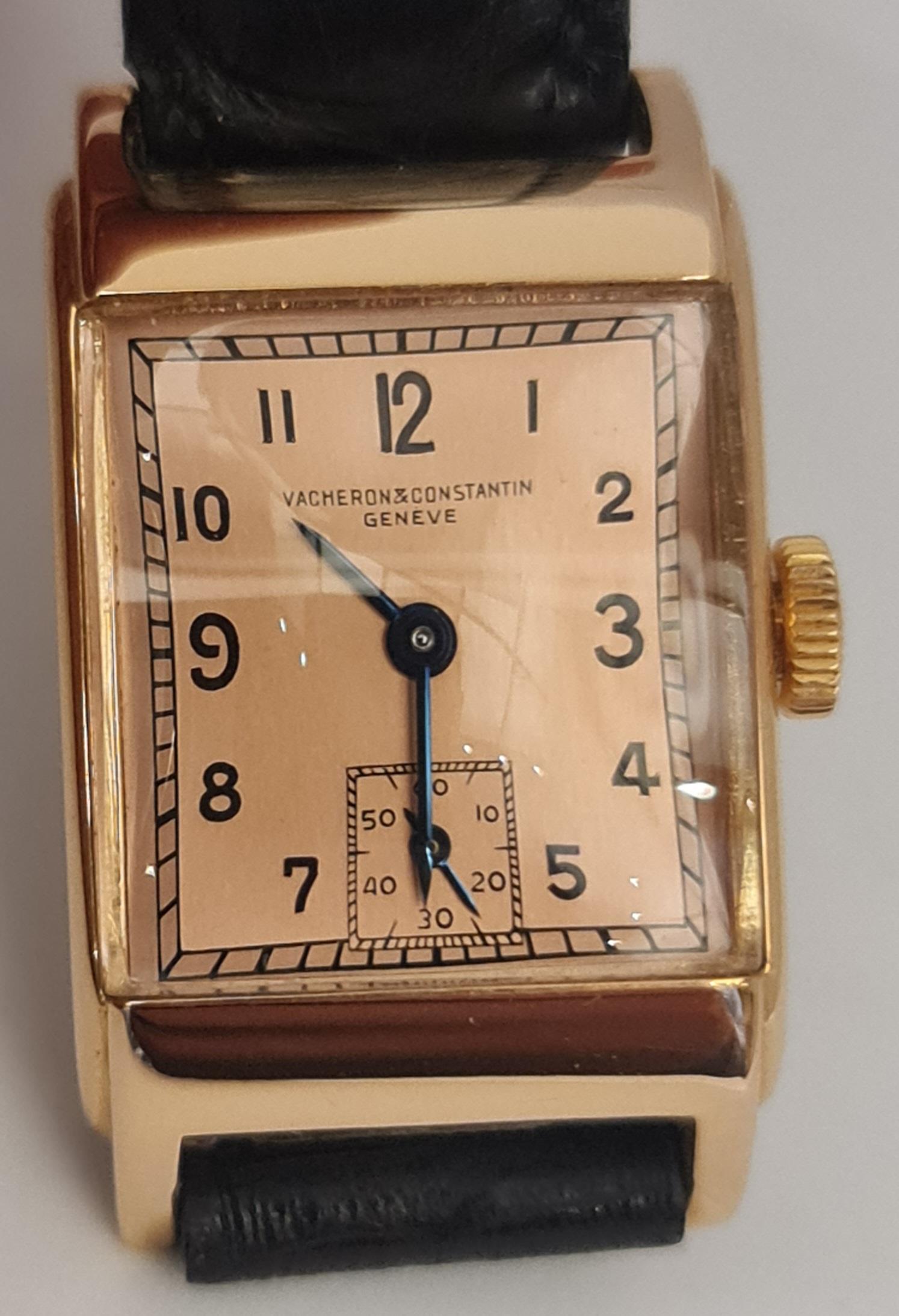 18kt Pink Gold Vacheron Constantin in Excellent Condition from 1935 !

Movement: mechanical with hand winding

Functions: Hours, minutes, subsidiary seconds

Case: 18kt pink gold, Measurements 21 mm x 28.6 mm x 8.7 mm mineral glass, snap on