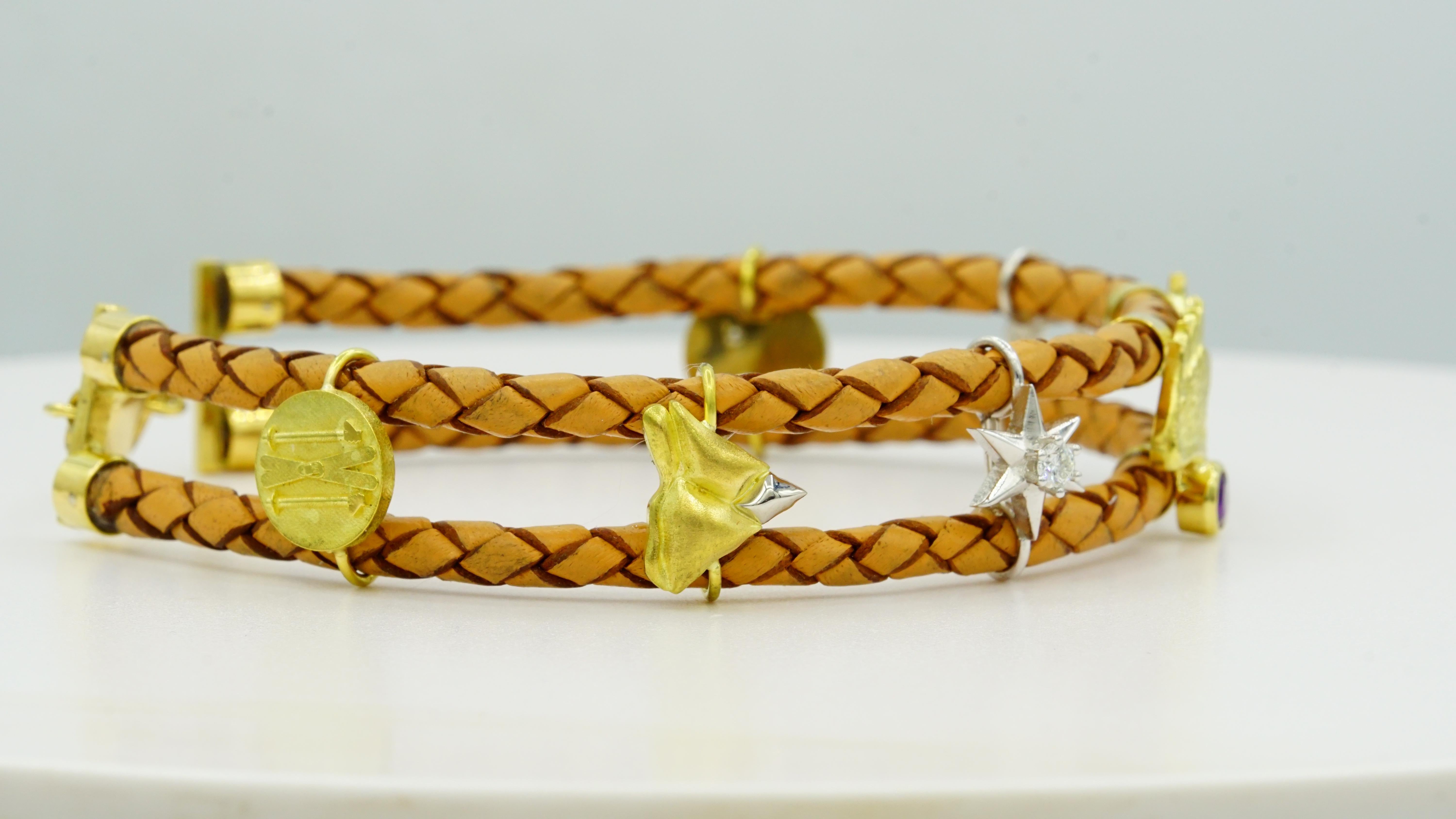 Pulsera de cuero de oro platino de 18 quilates personalizada Charms: Hechos a Medida Corte redondo en venta