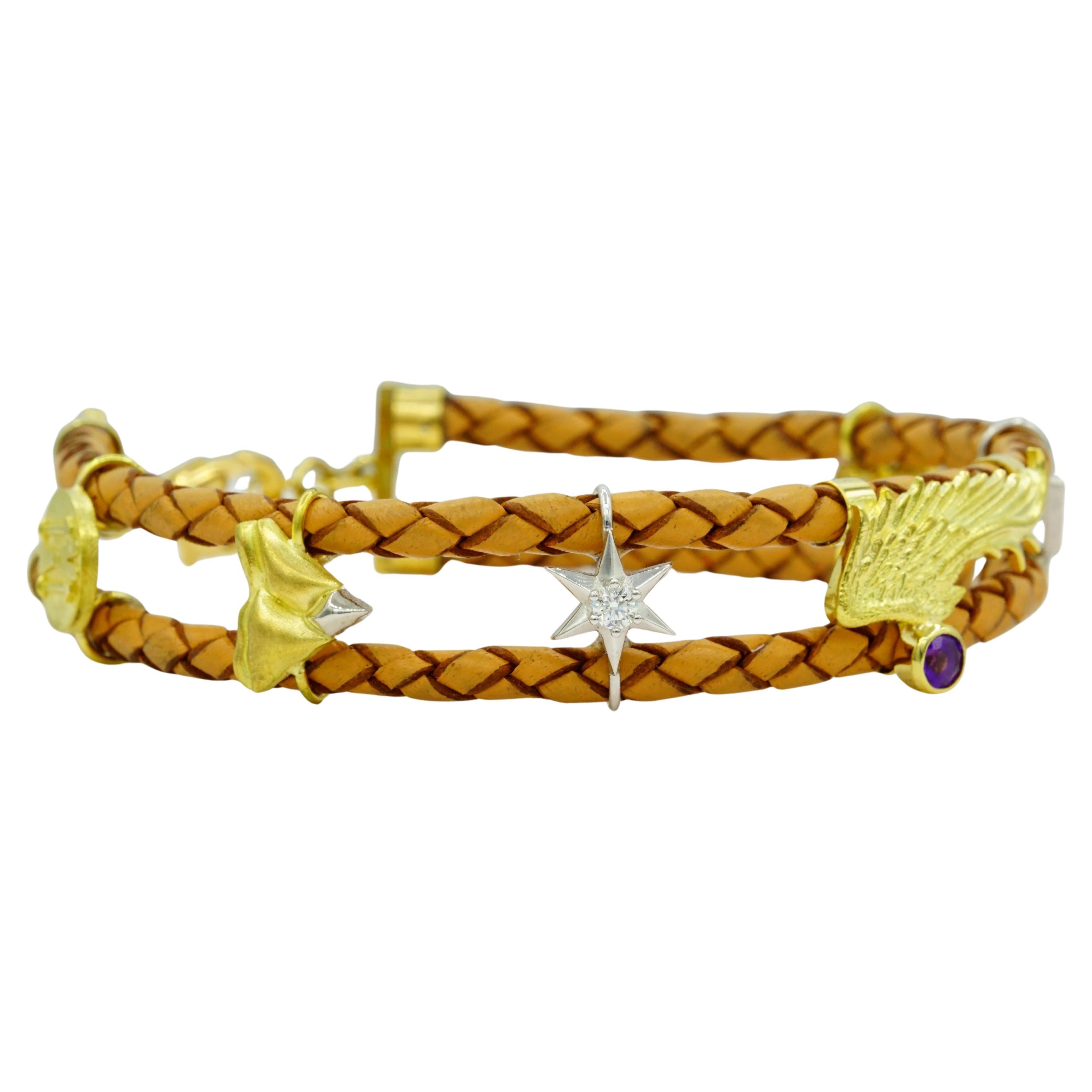 Pulsera de cuero de oro platino de 18 quilates personalizada Charms: Hechos a Medida en venta