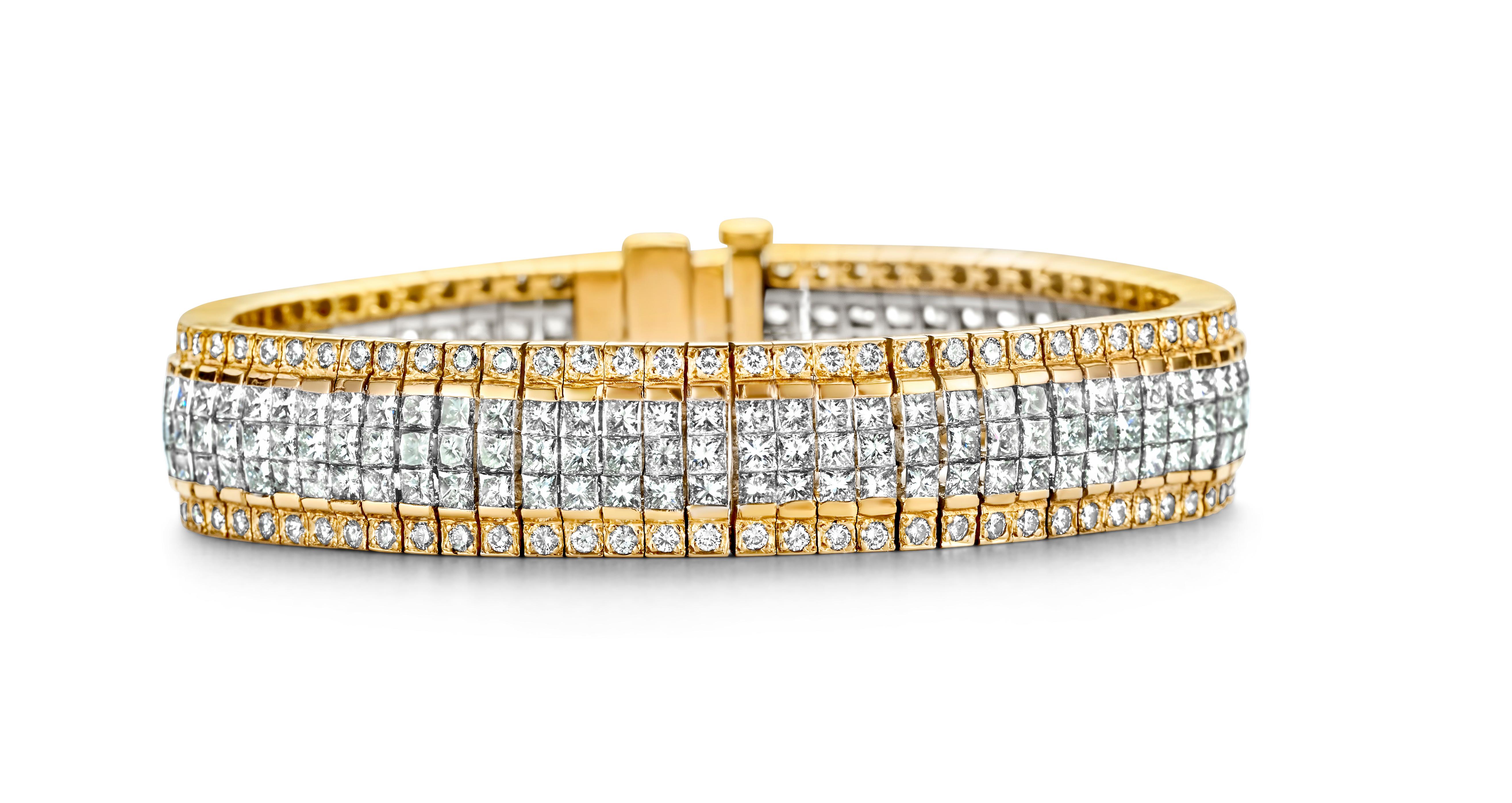 Bracelet invisible et bague assortie en diamants princesse de 18 carats, succession Sultan Oman en vente 13