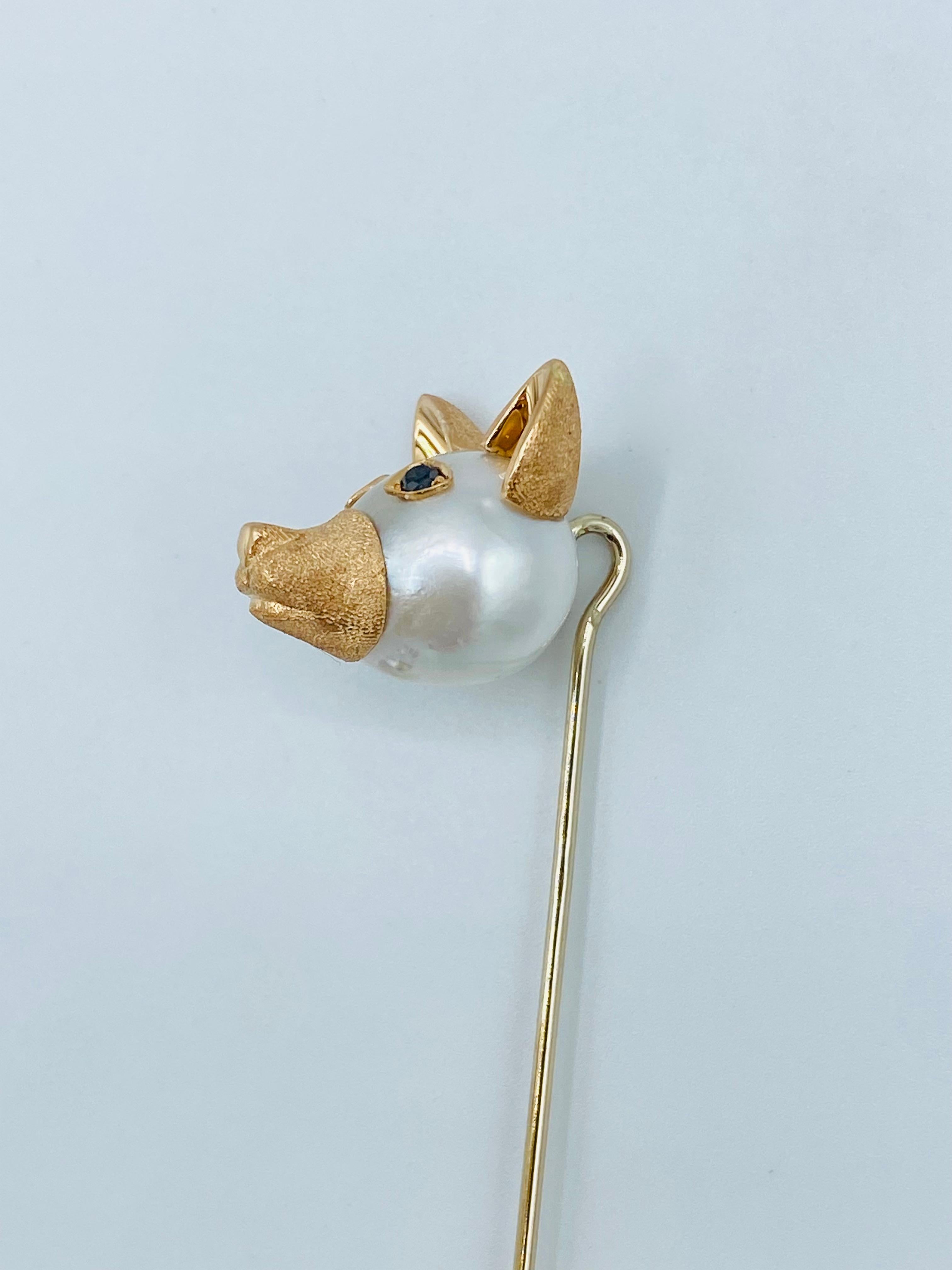 Artisan 18Kt Red White Gold Black Diamond Wolfhound Australian Pearl Stick-Pin Brooch For Sale