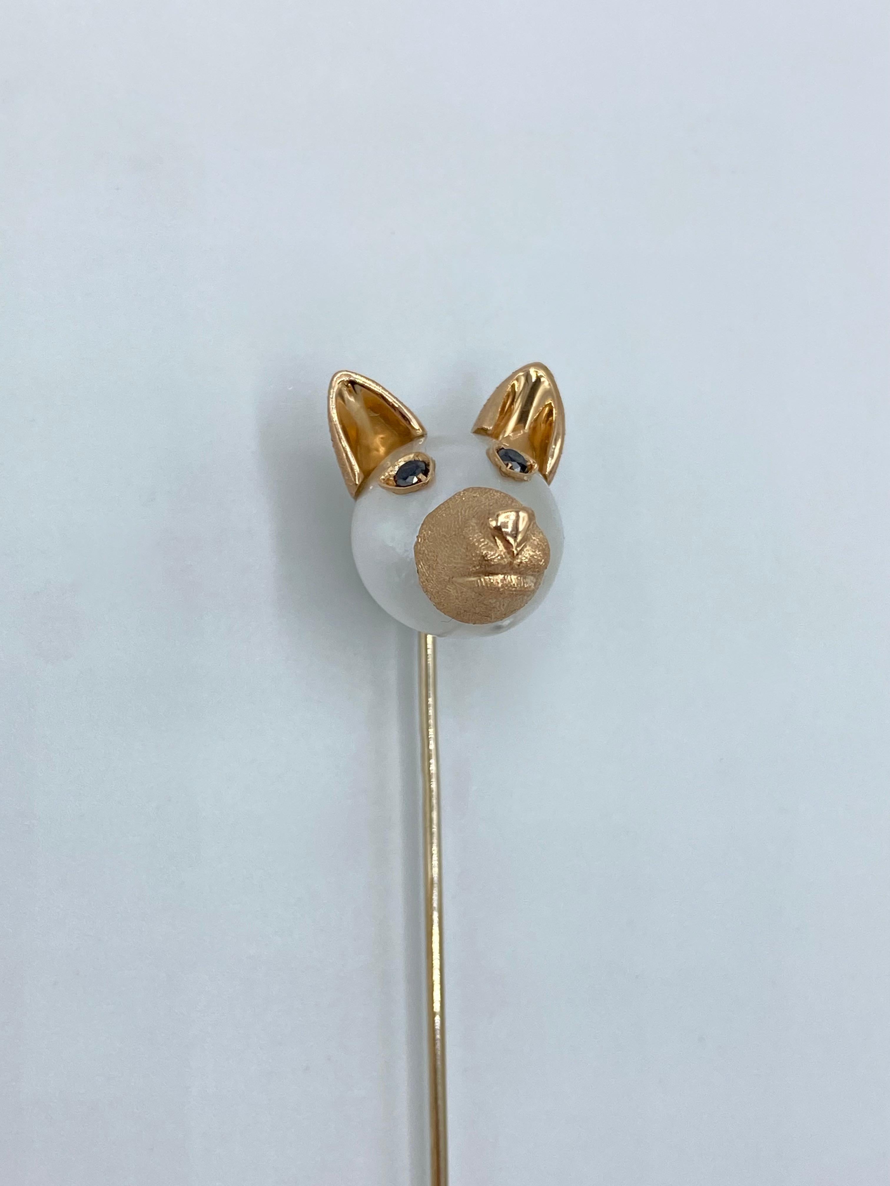 Women's or Men's 18Kt Red White Gold Black Diamond Wolfhound Australian Pearl Stick-Pin Brooch For Sale