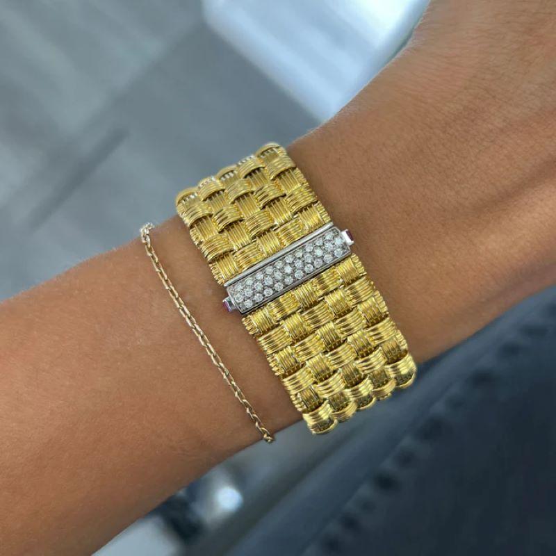 Modern 18KT Roberto coin bracelet woven design with ruby and diamond accent For Sale