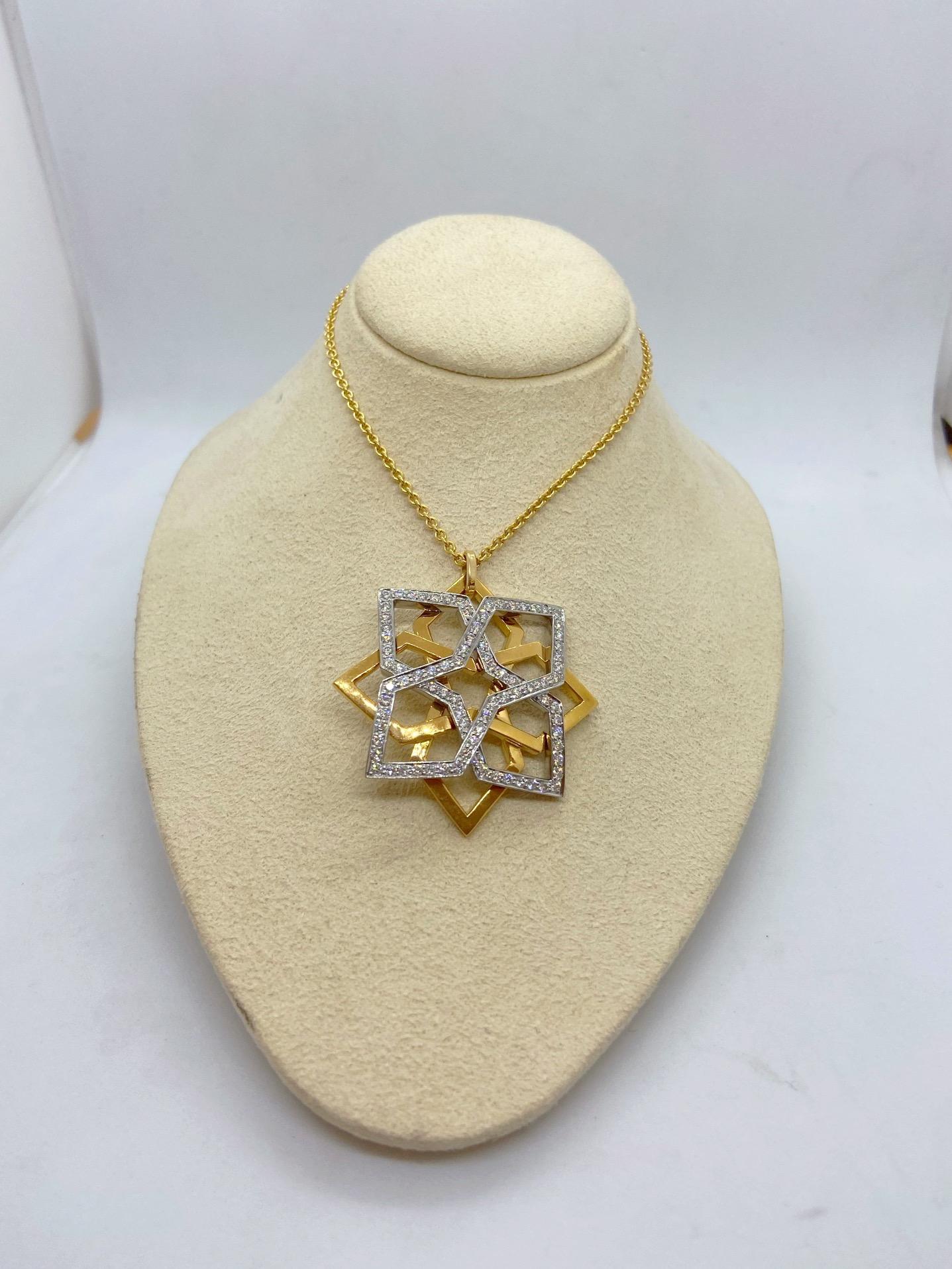Round Cut 18 Karat Rose and White Gold 1.25 Carat Diamond Geometric Pendant For Sale