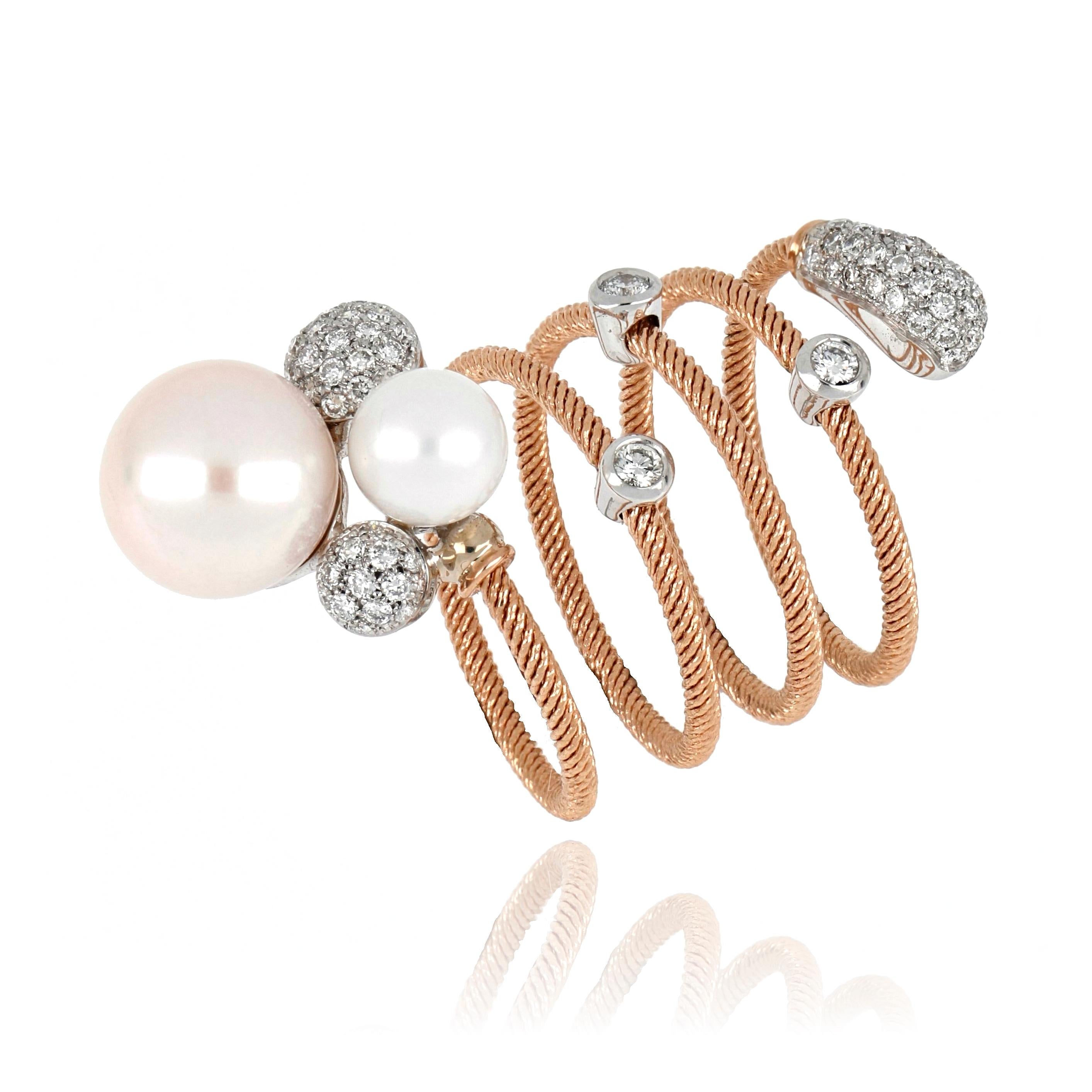 For Sale:  18kt Rose and White Gold Flex Ring with Two Pearls and Diamonds 3