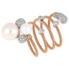 18kt Rose and White Gold Flex Ring with Two Pearls and Diamonds