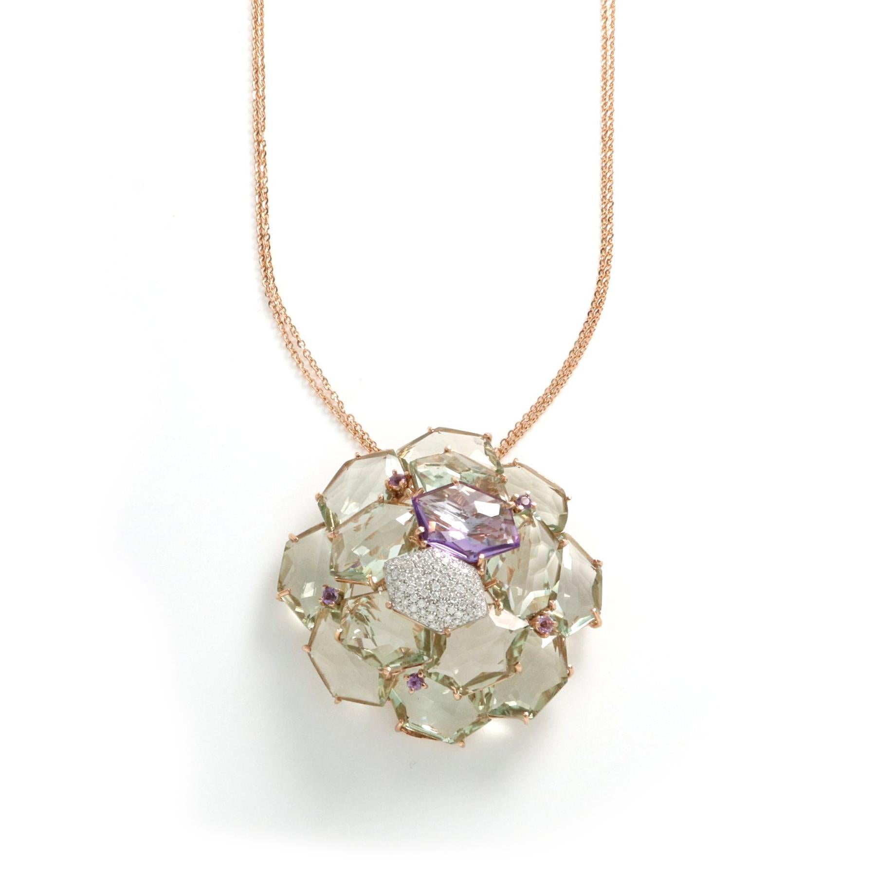 Contemporary 18kt Rose and White Gold Les Gemmes Necklace with Green Amethyst and Diamonds For Sale
