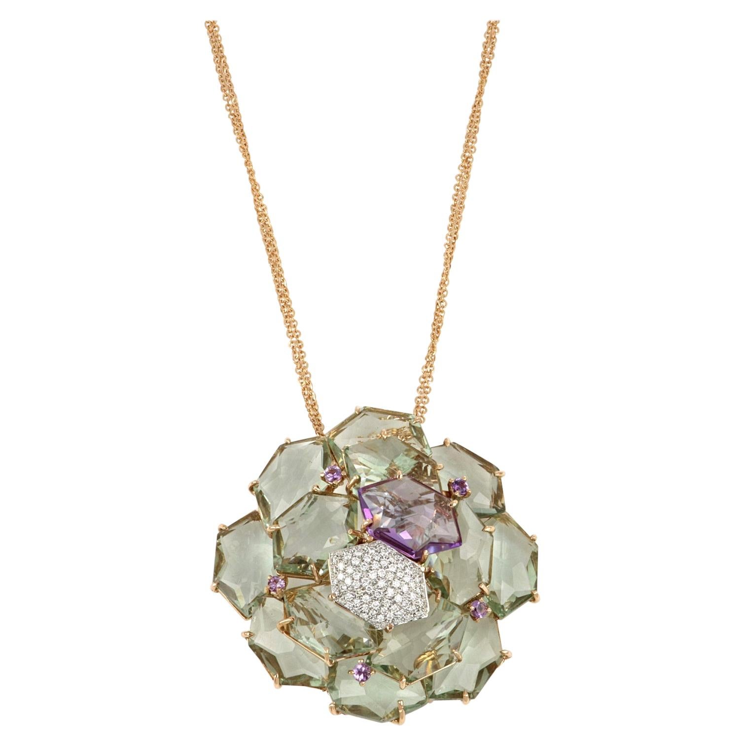 18kt Rose and White Gold Les Gemmes Necklace with Green Amethyst and Diamonds For Sale