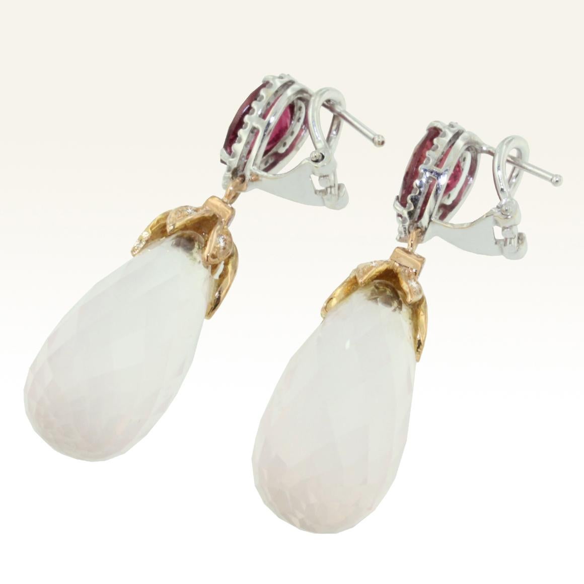 Modern 18 Karat Rose and White Gold Pink Tourmaline Pink Quartz White Diamonds Earrings For Sale