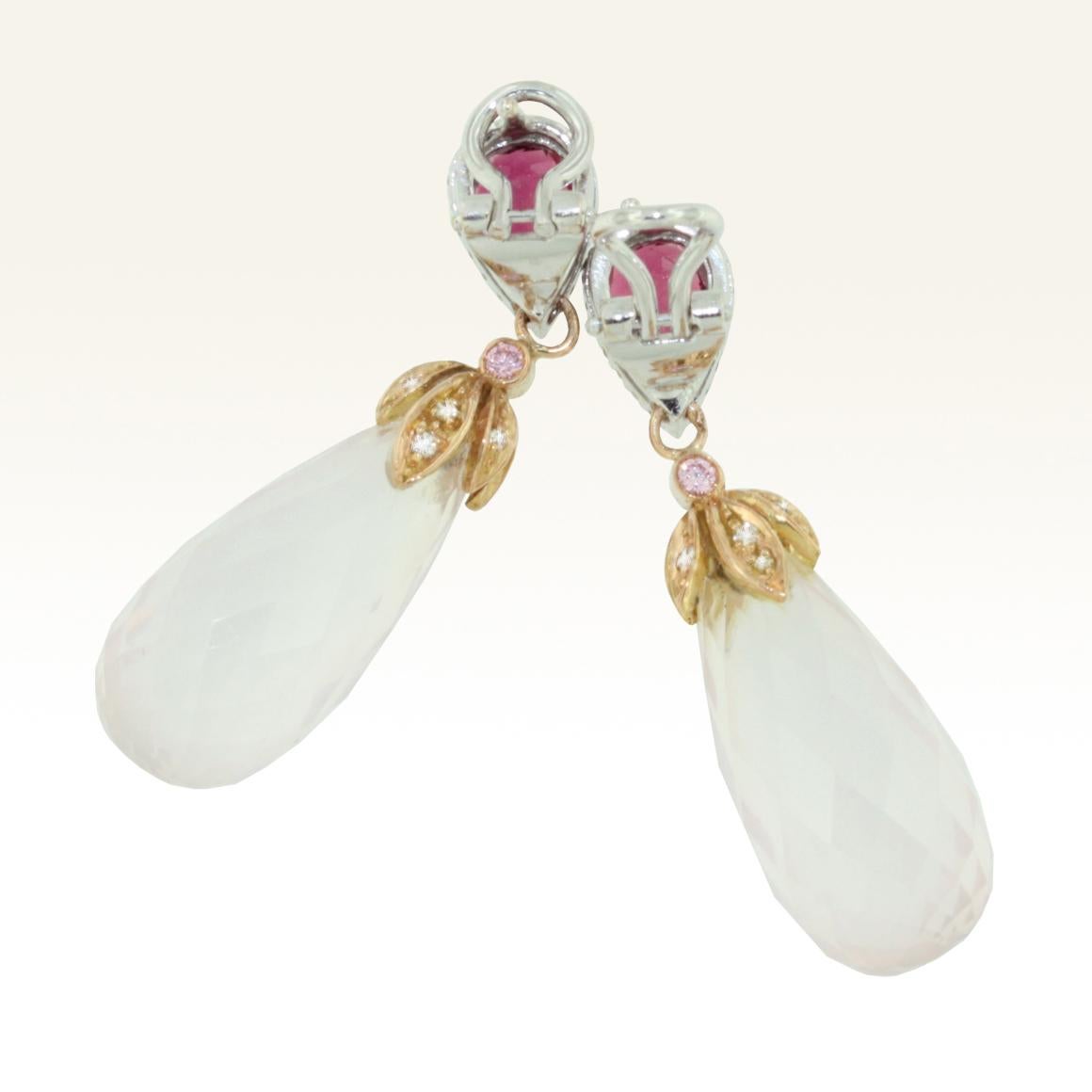 Briolette Cut 18 Karat Rose and White Gold Pink Tourmaline Pink Quartz White Diamonds Earrings For Sale