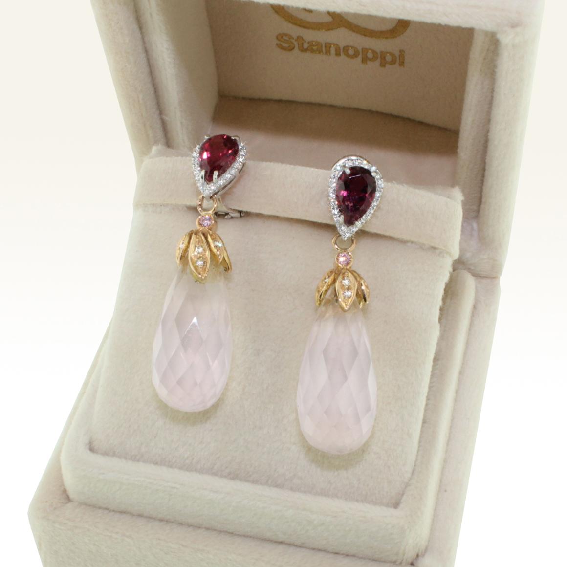 18 Karat Rose and White Gold Pink Tourmaline Pink Quartz White Diamonds Earrings In New Condition For Sale In GALLARATE, IT