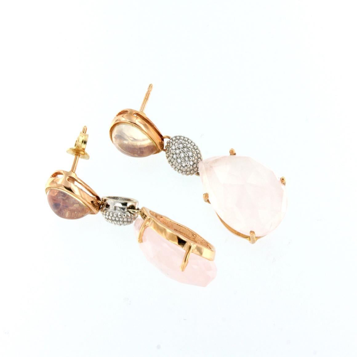 Modern 18kt Rose and White Gold with Pink Quartz and White Diamonds Earrings