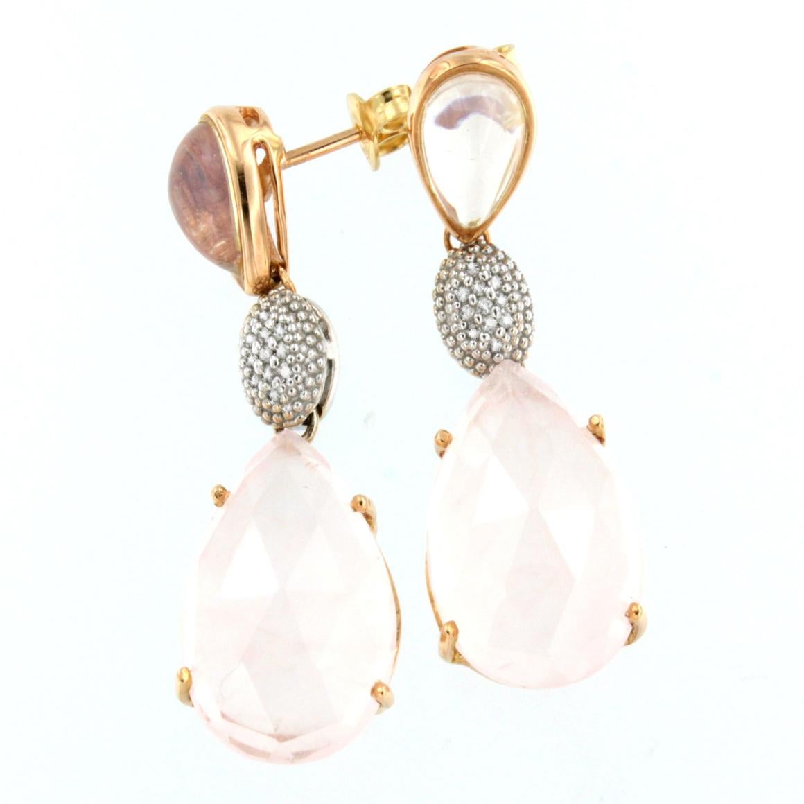 18kt Rose and White Gold with Pink Quartz and White Diamonds Earrings In New Condition In GALLARATE, IT