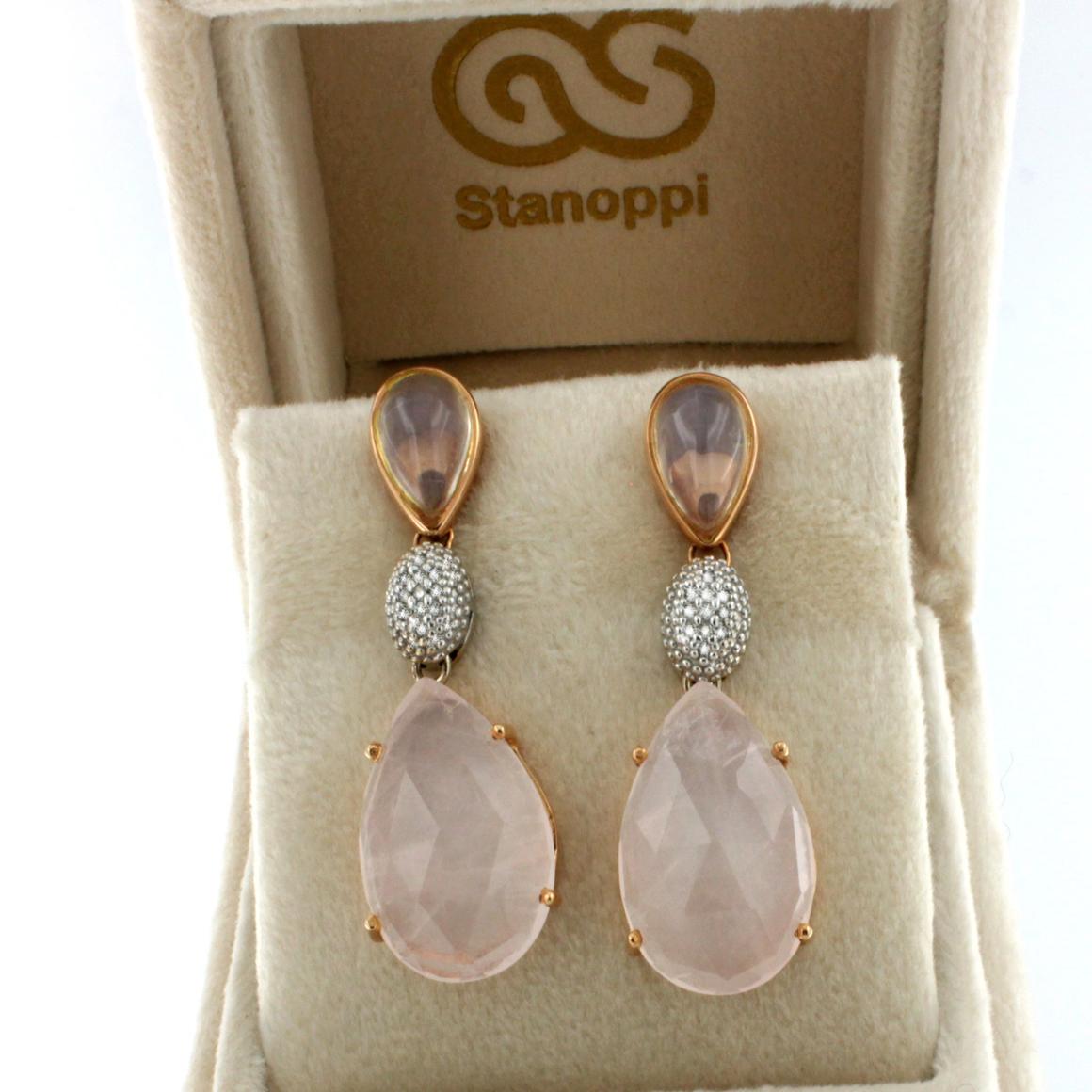 Women's or Men's 18kt Rose and White Gold with Pink Quartz and White Diamonds Earrings