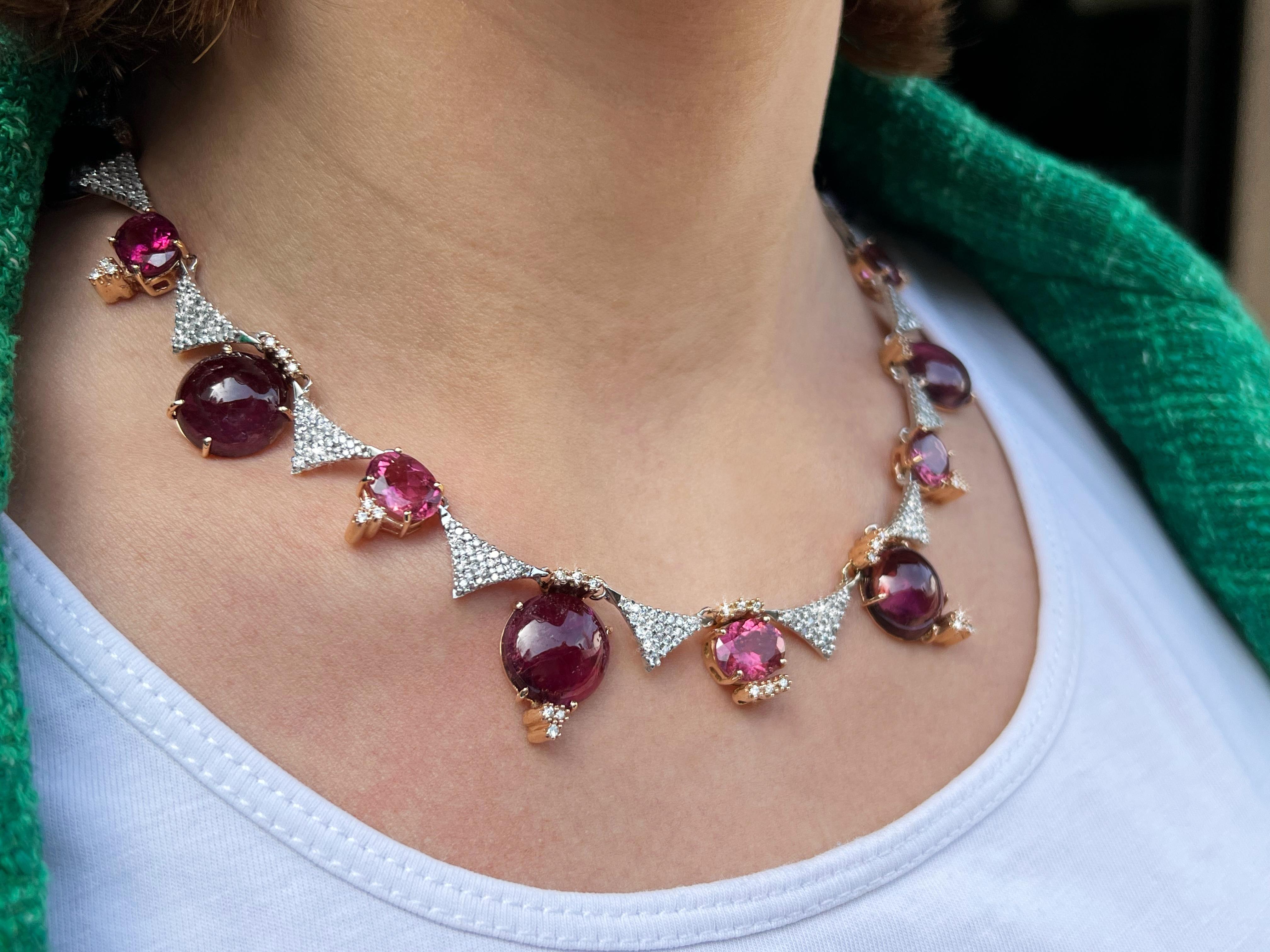 Unique piece, high jewelery product, perfect  color combination. Hande made in Italy by Stanoppi Jewellery since 1948.
Necklace in rose and white gold 18kt g.64,00   diamonds cts 2.98    Tormaline round cts 68,00  mm 12.00   tourmaline oval cts