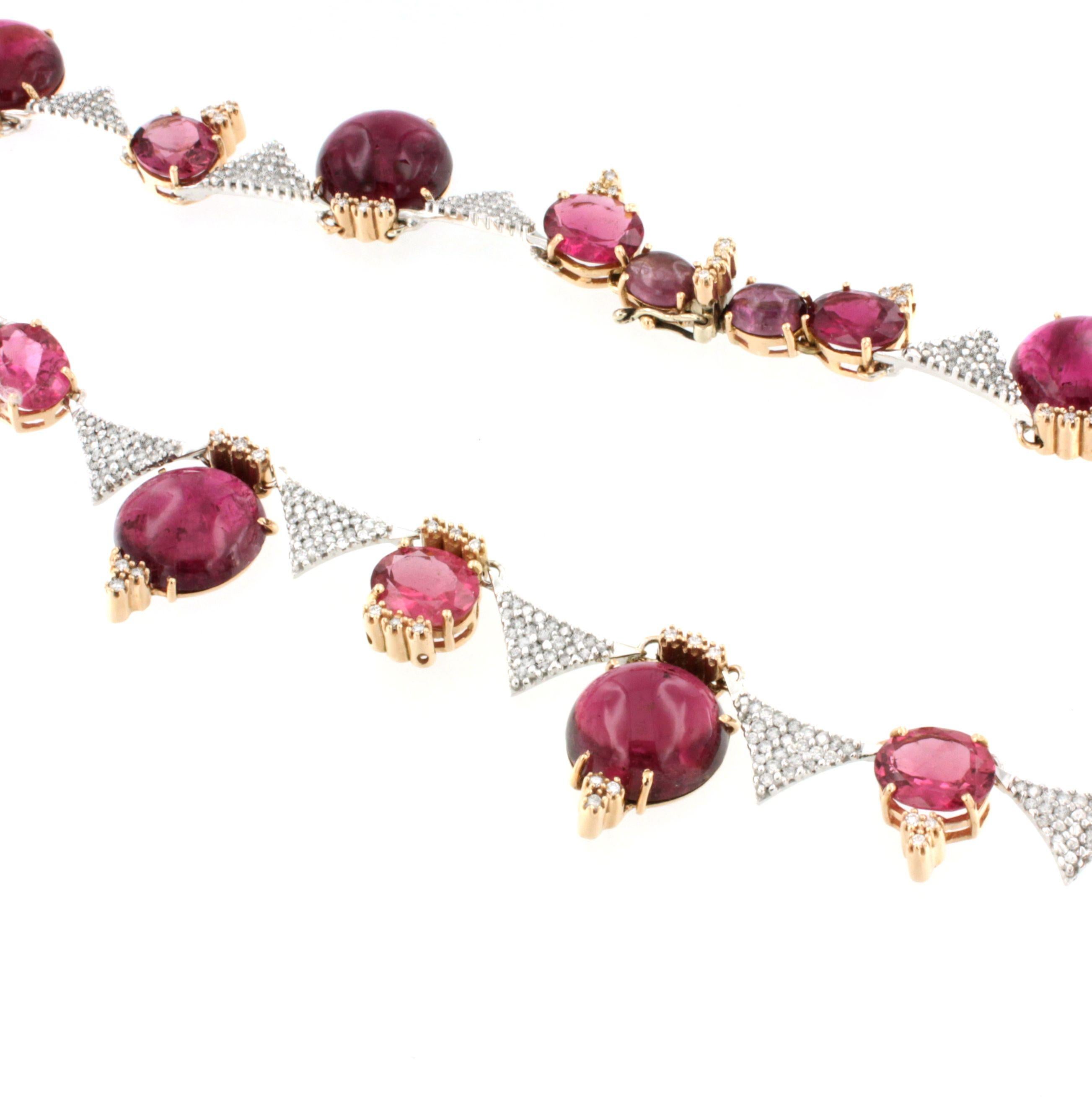 Artisan 18Kt Rose and White Gold with Pink Tourmaline and White Diamonds Necklase  For Sale