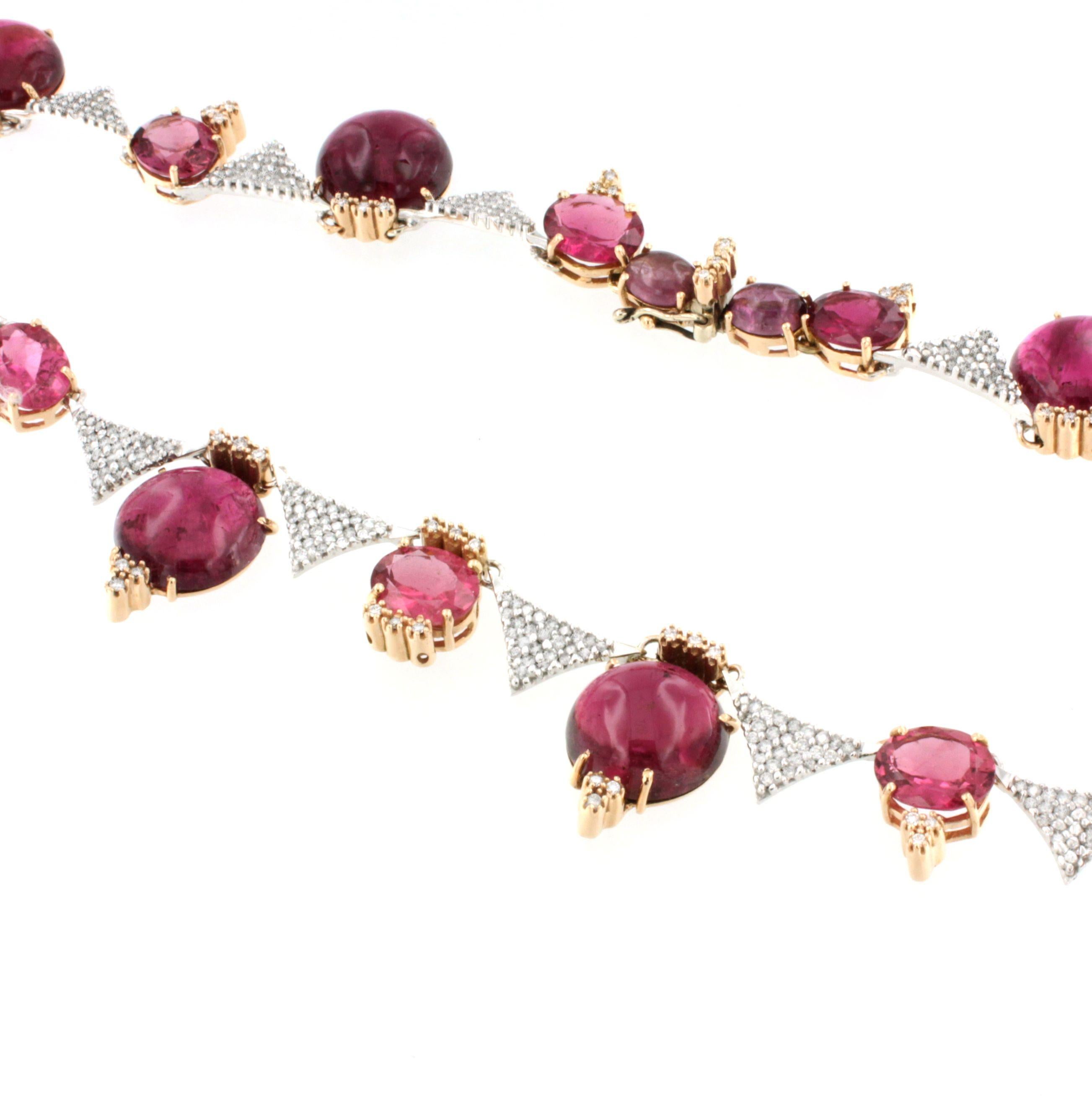 Artisan 18Kt Rose and White Gold with Pink Tourmaline and White Diamonds Necklase For Sale