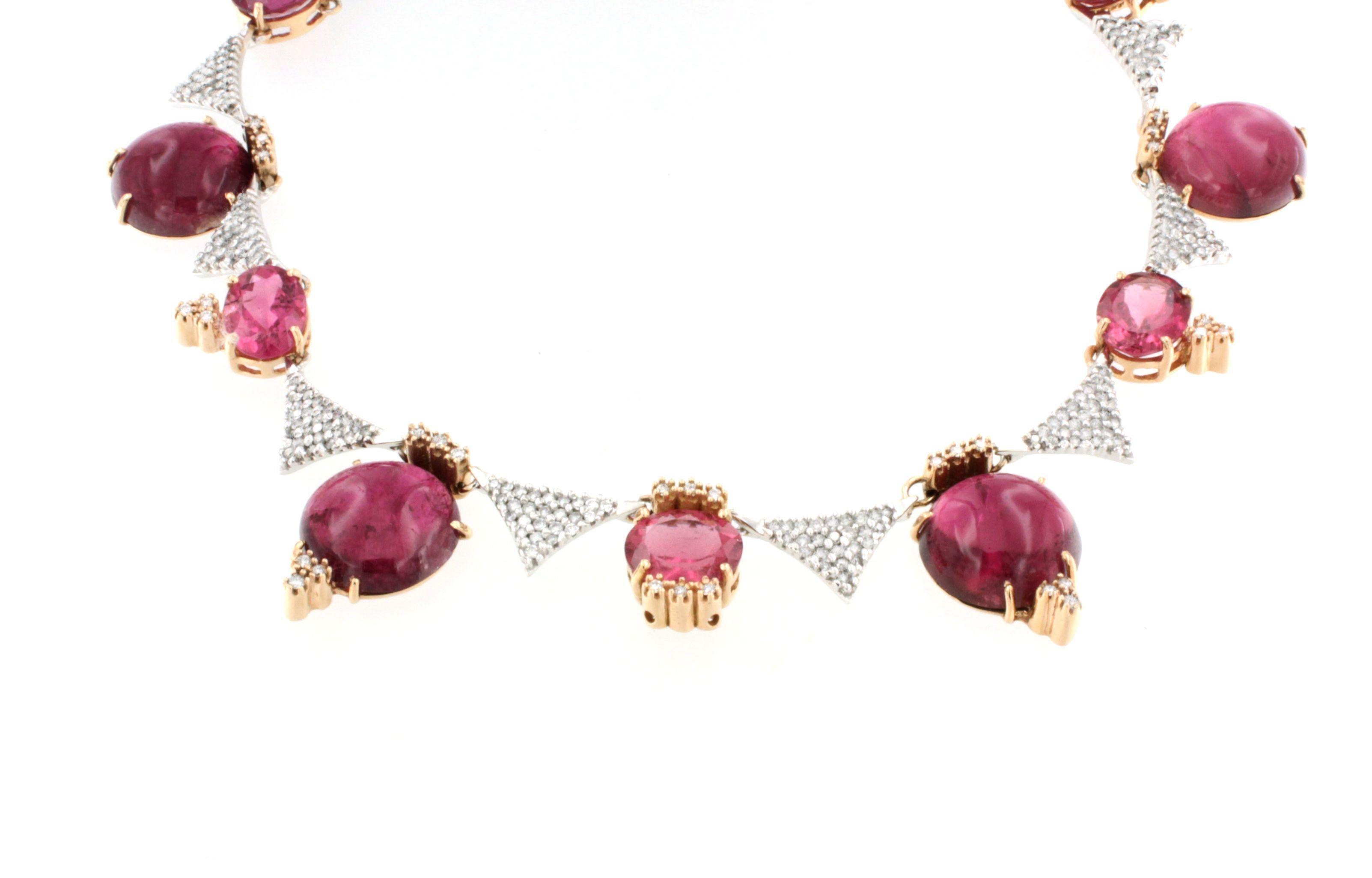 Oval Cut 18Kt Rose and White Gold with Pink Tourmaline and White Diamonds Necklase  For Sale