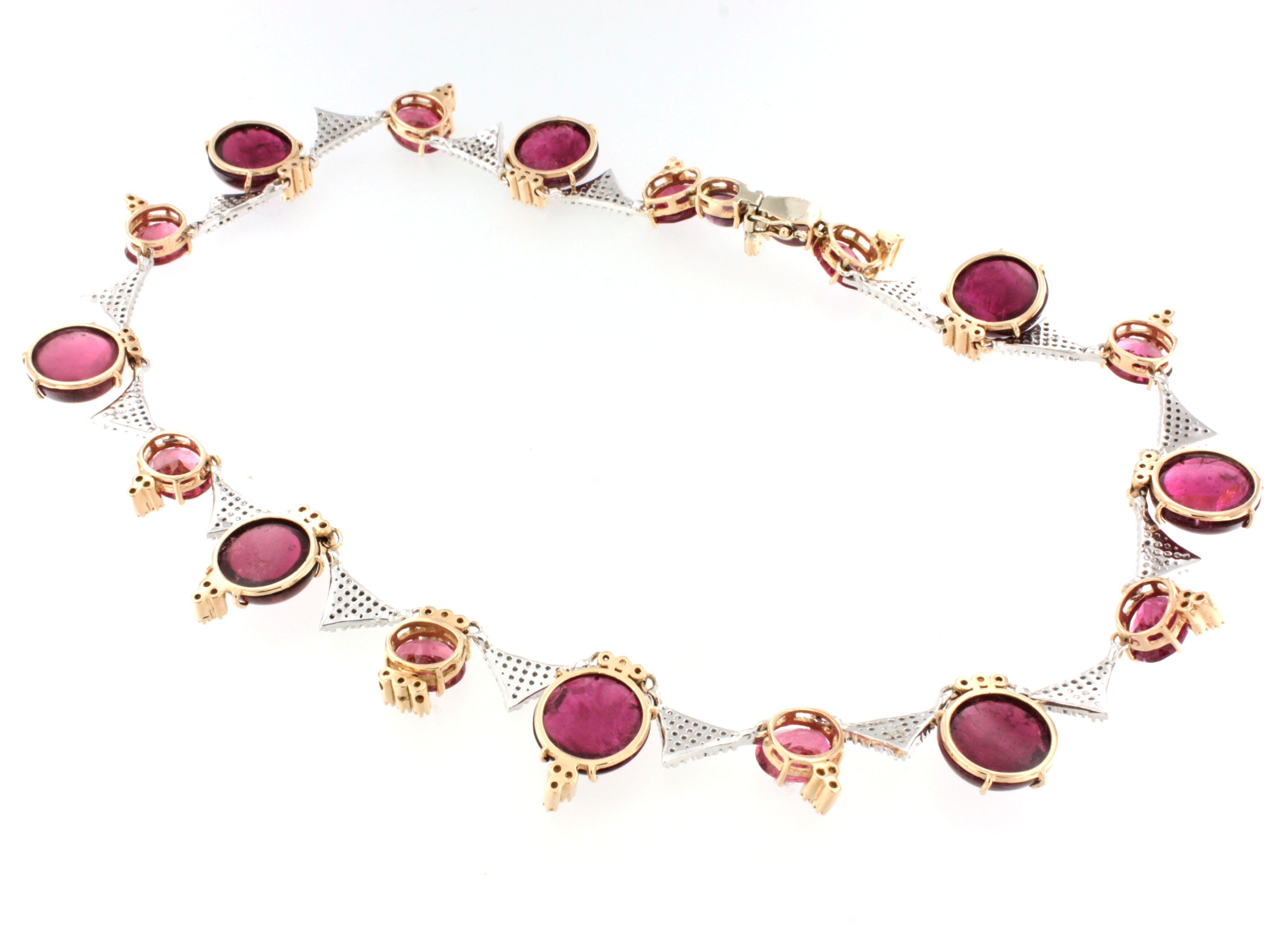 Women's or Men's 18Kt Rose and White Gold with Pink Tourmaline and White Diamonds Necklase For Sale