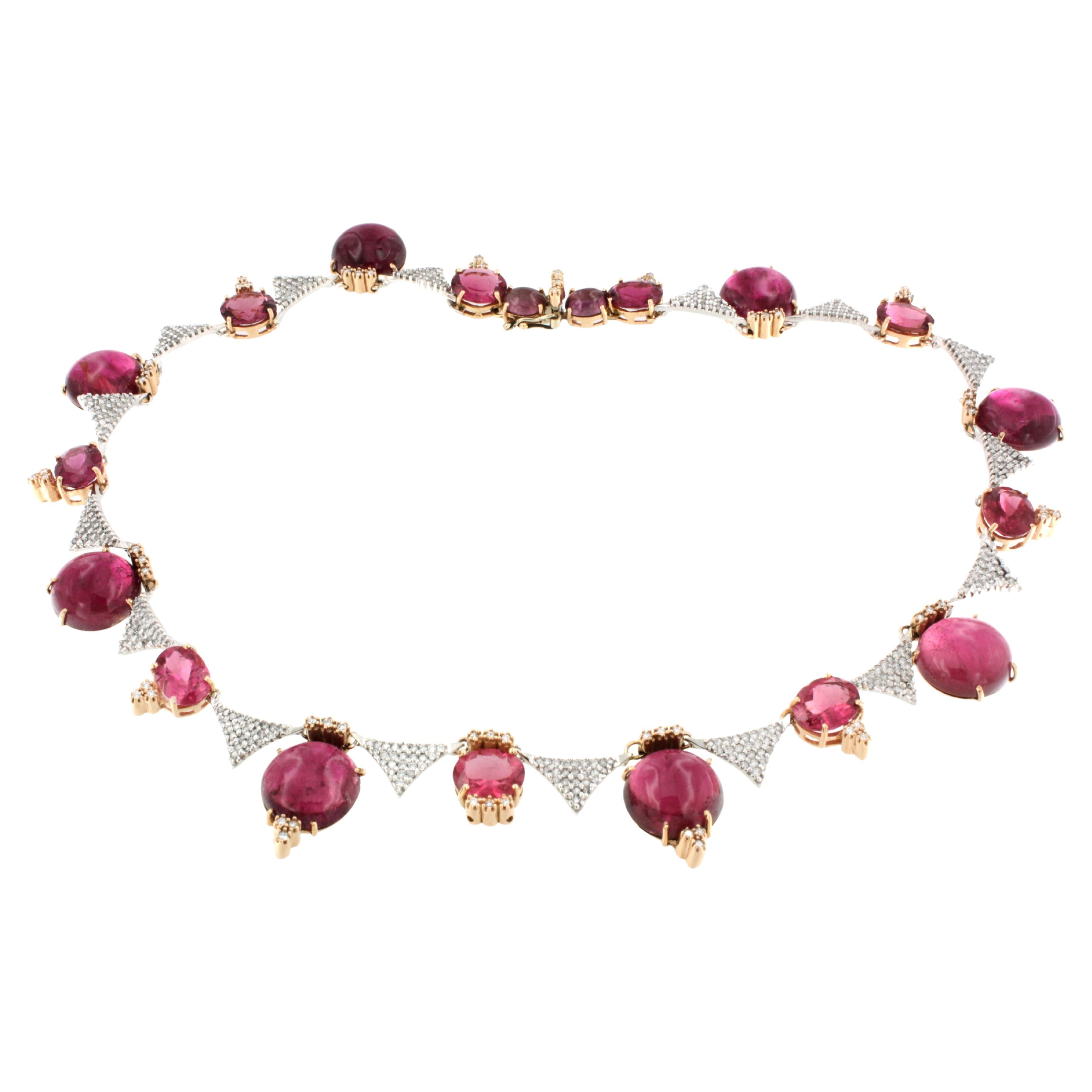 18Kt Rose and White Gold with Pink Tourmaline and White Diamonds Necklase 