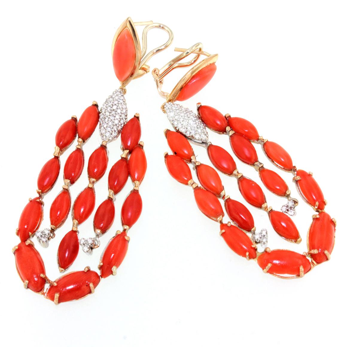 18kt Rose and White Gold with Red Coral and White Diamonds Earrings In New Condition In GALLARATE, IT
