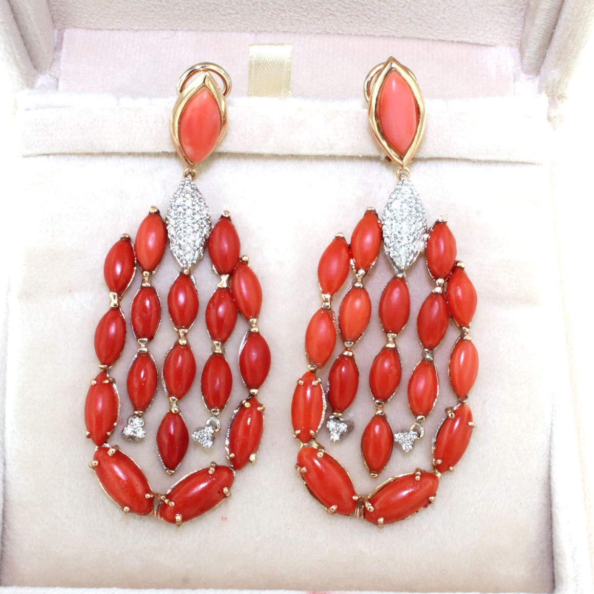 Women's or Men's 18kt Rose and White Gold with Red Coral and White Diamonds Earrings