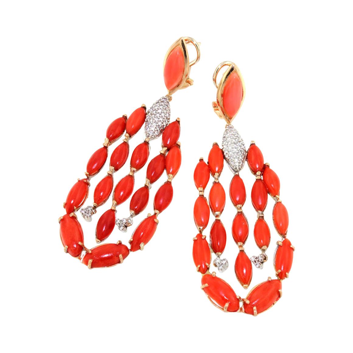 18kt Rose and White Gold with Red Coral and White Diamonds Earrings at