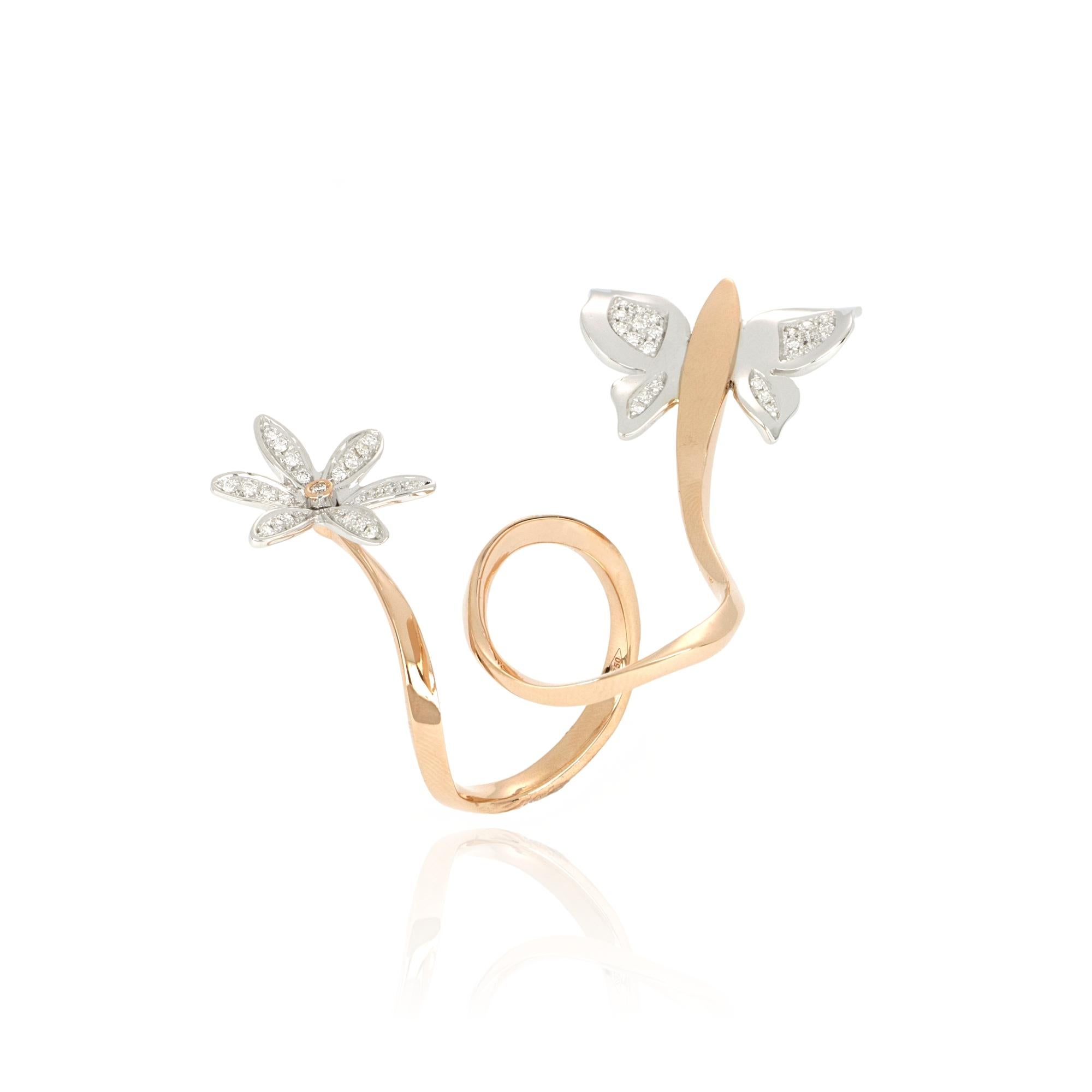 For Sale:  18kt Rose and Yellow Gold 3 Chic Butterfly & Flower Ring Paved with Diamonds 3
